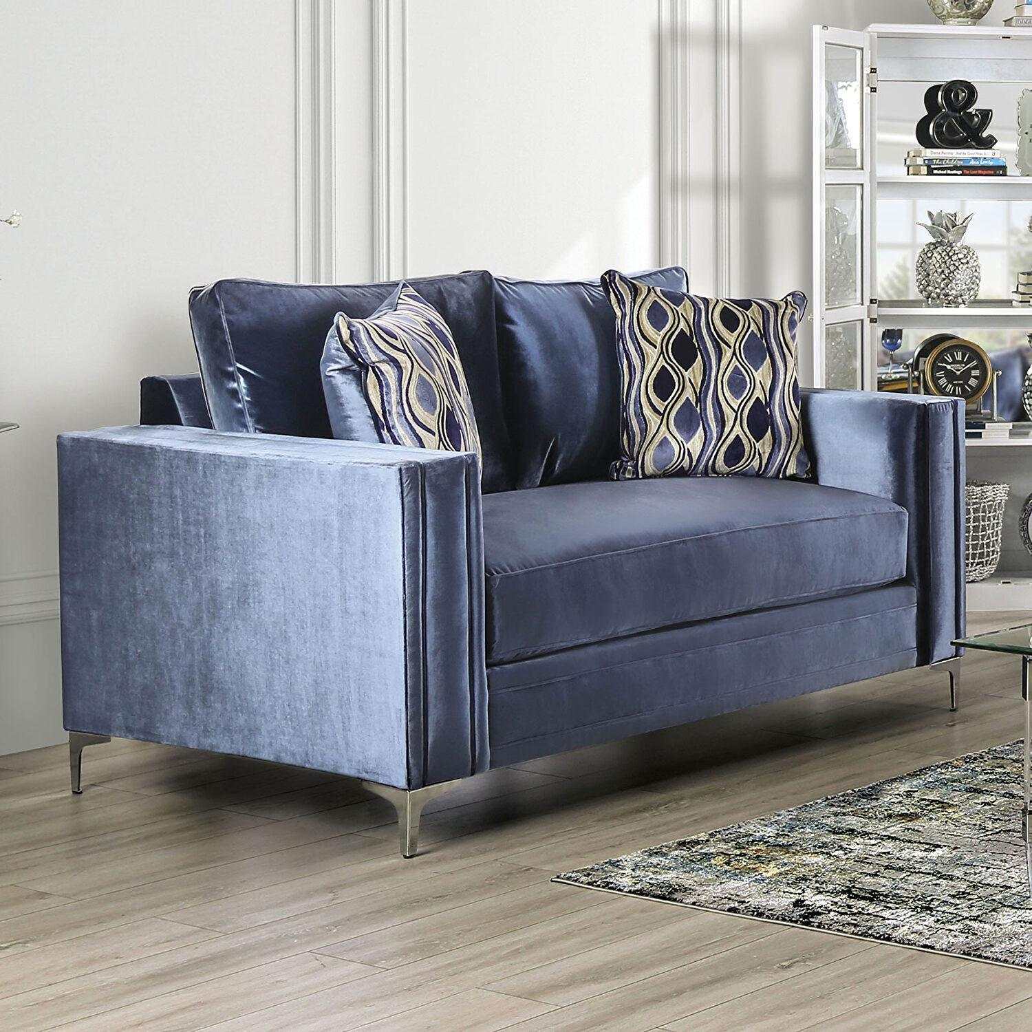 Jodie Satin Blue & Silver Stationary Sofa & Loveseat 2pc - Image 3