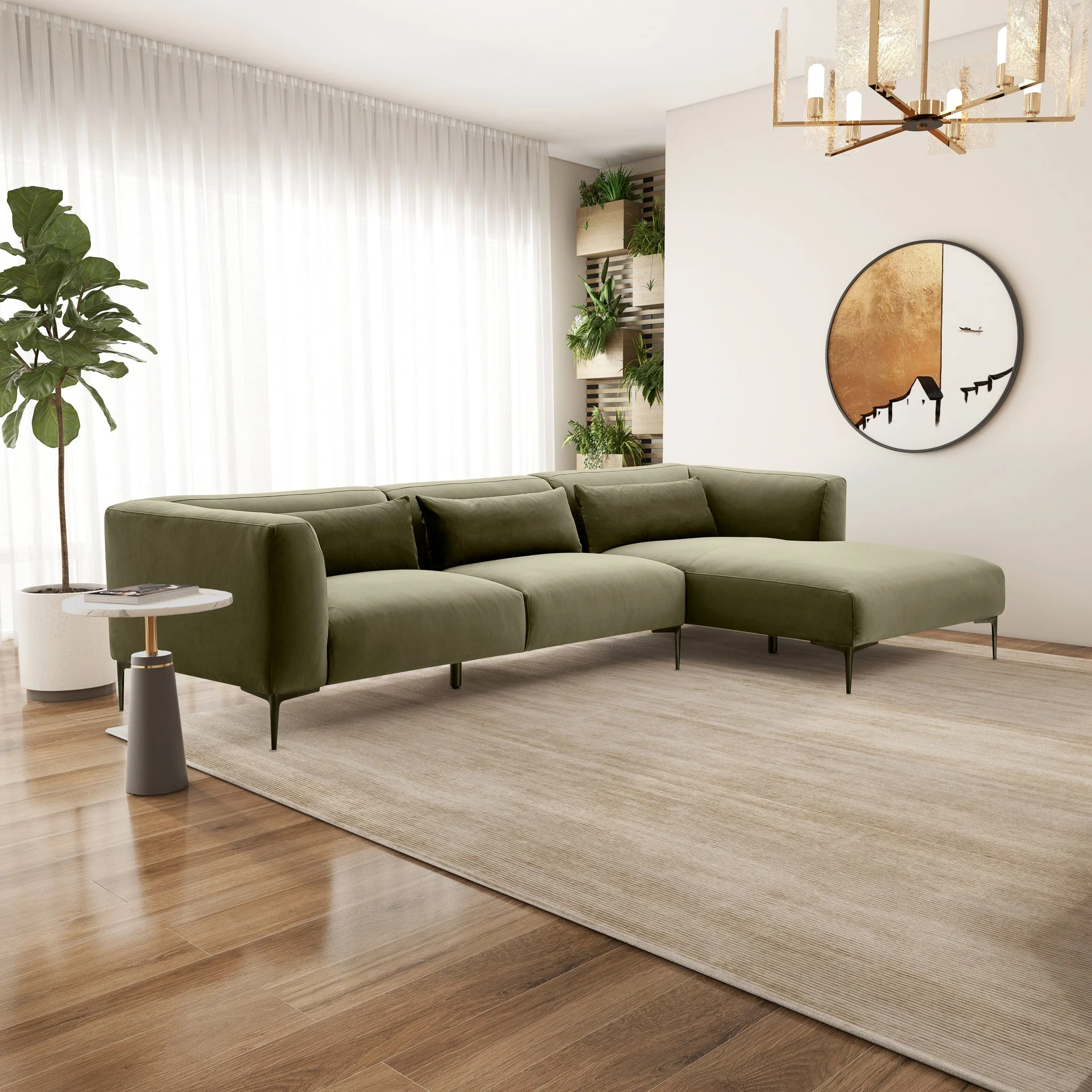 Laley Right-Facing L-Shaped Velvet Sectional in Green - Image 3