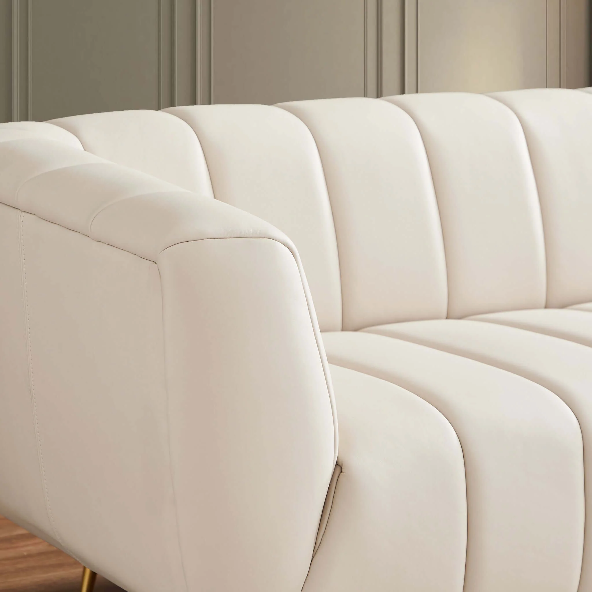 LaMattina Genuine Italian Beige Leather Channel Tufted Sofa - Image 2