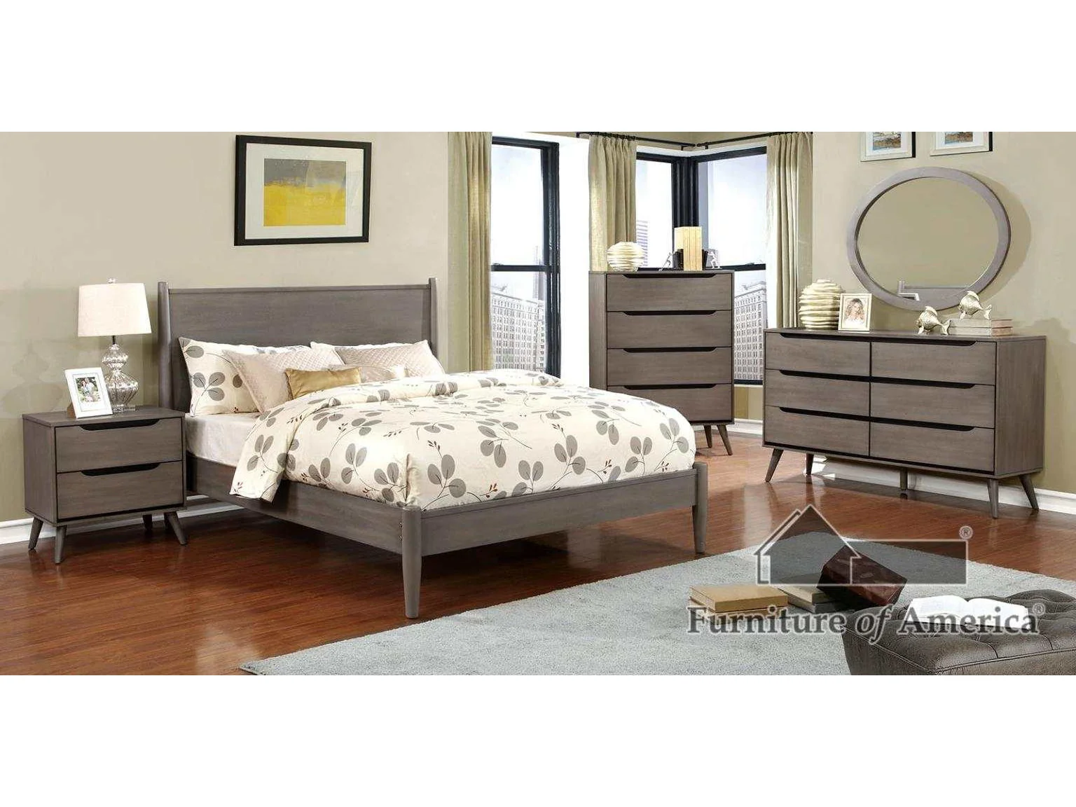 Lennart Gray 4 Pc. Queen Bedroom Set w/ Oval Mirror