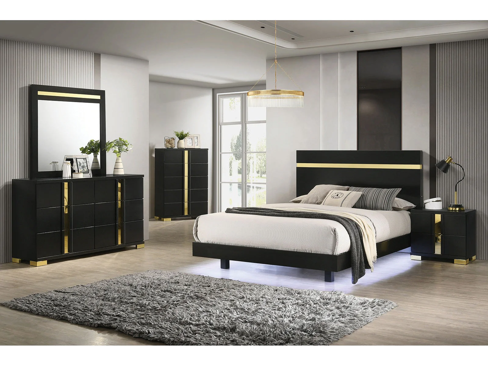 Lillestrom Black/Gold Queen 5 Piece Bedroom Set w/Chest