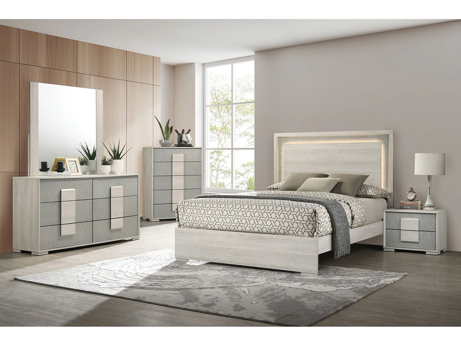 Lincolt Whitewash/Stone Gray Queen 5 Piece Bedroom Set w/2 Nightstands
