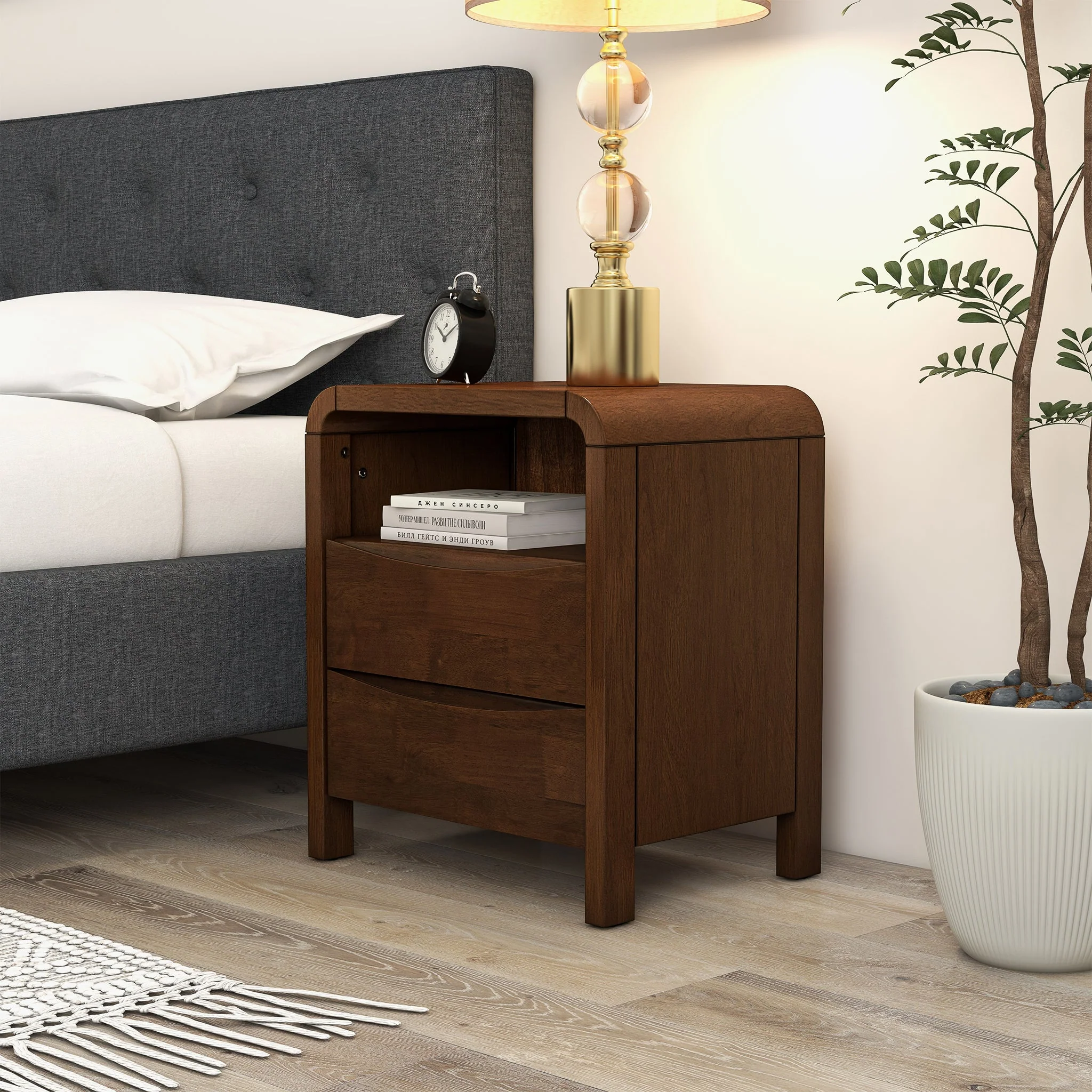 Lionel Mid Century Modern Solid Wood Nightstand 2-Drawer - Image 2