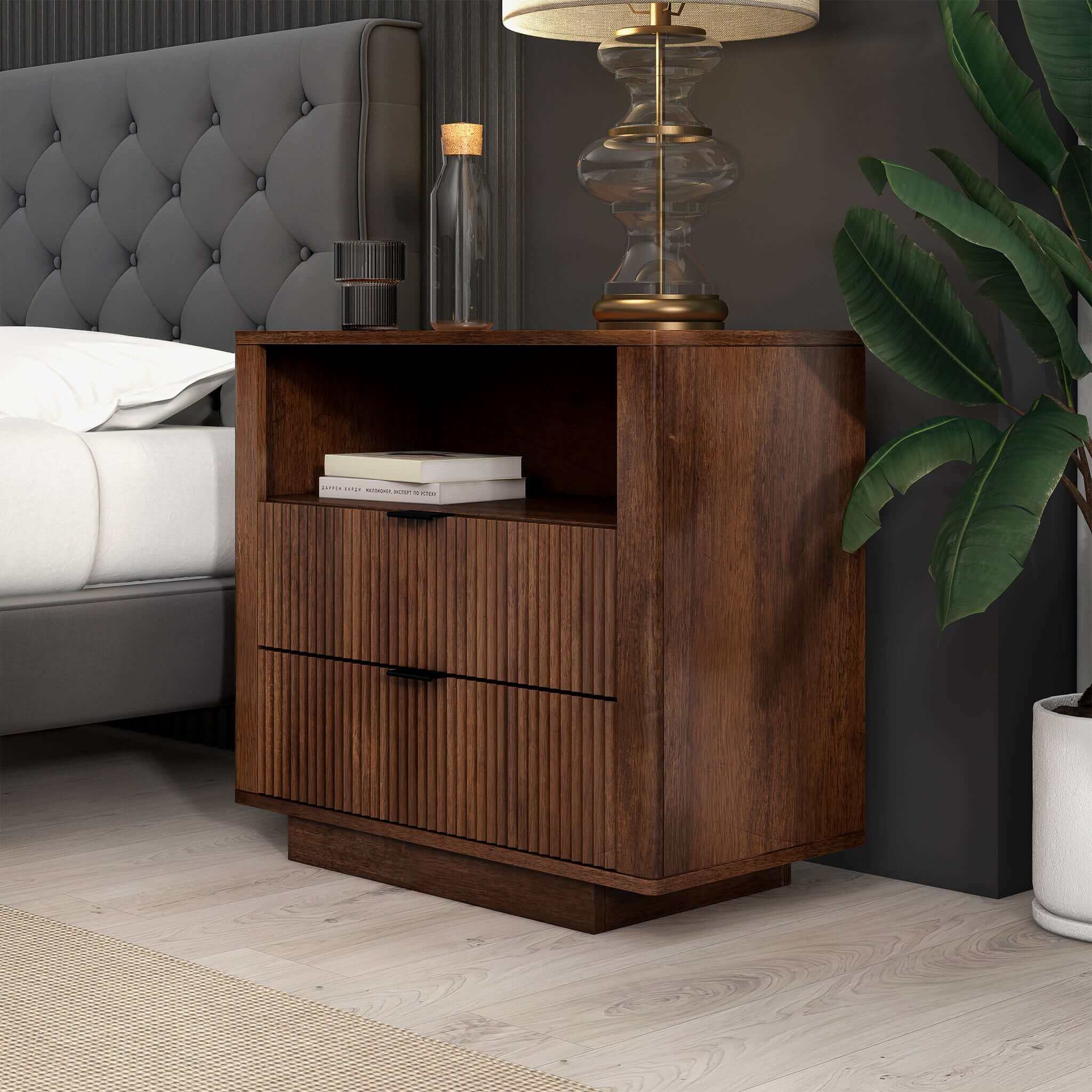 Lola Mid Century Modern Walnut Nightstand 2-Drawer Bed Side Table - Image 2