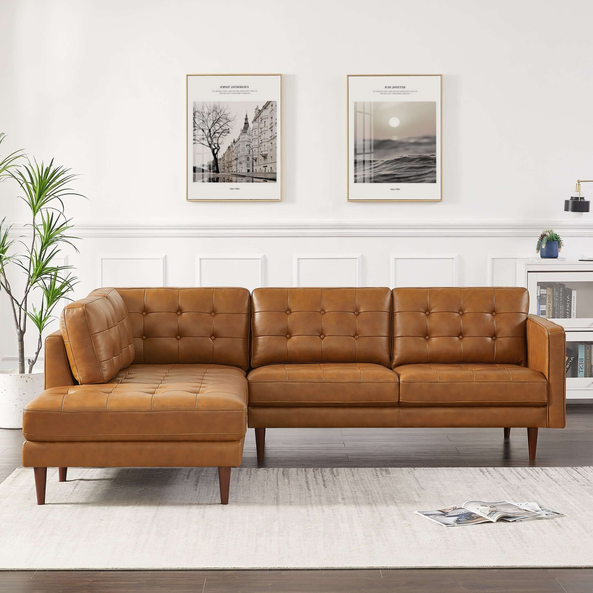 Lucco Genuine Leather Sectional In Cognac Tan Left Facing - Image 2