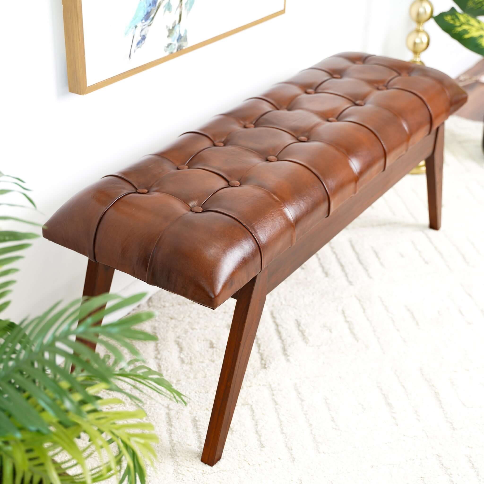 Maja Mid Century Modern Tan Leather Bench - Image 5