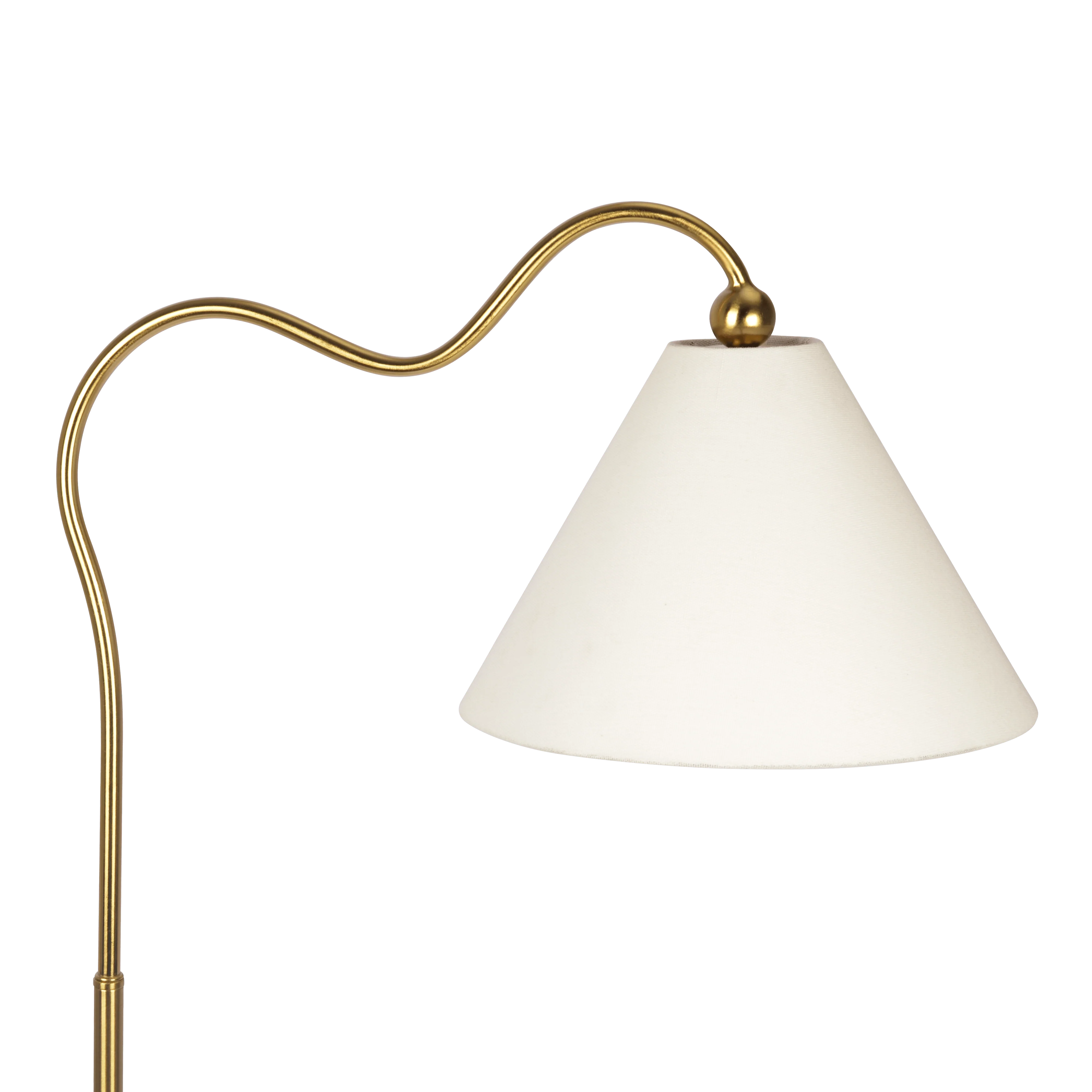 Majestic Brass Ring Base Curved Floor Lamp with Triangle White Drum Shade - Image 3