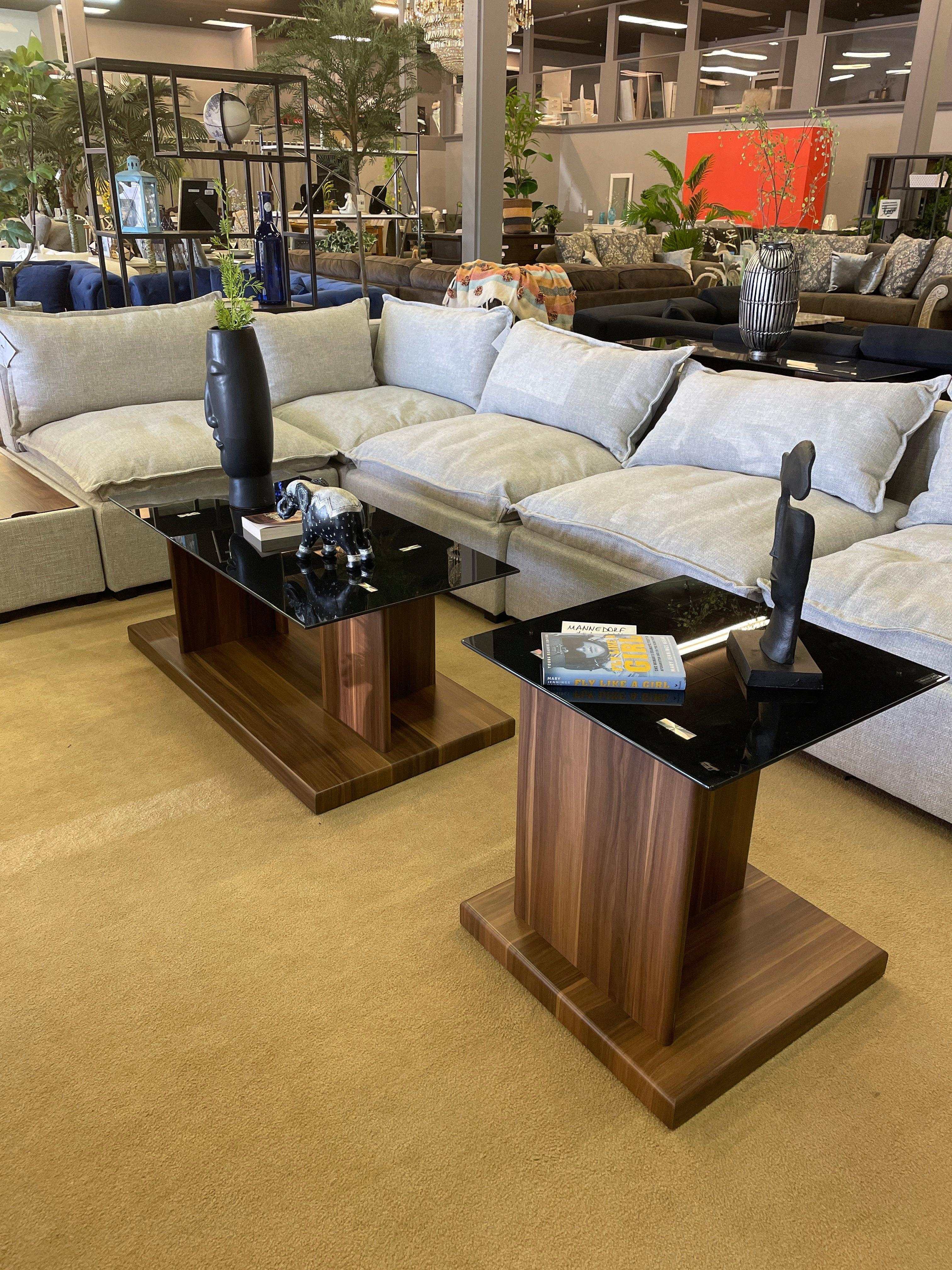 Mannedorf Dark Walnut & Black Glass Top Coffee Table - Image 3