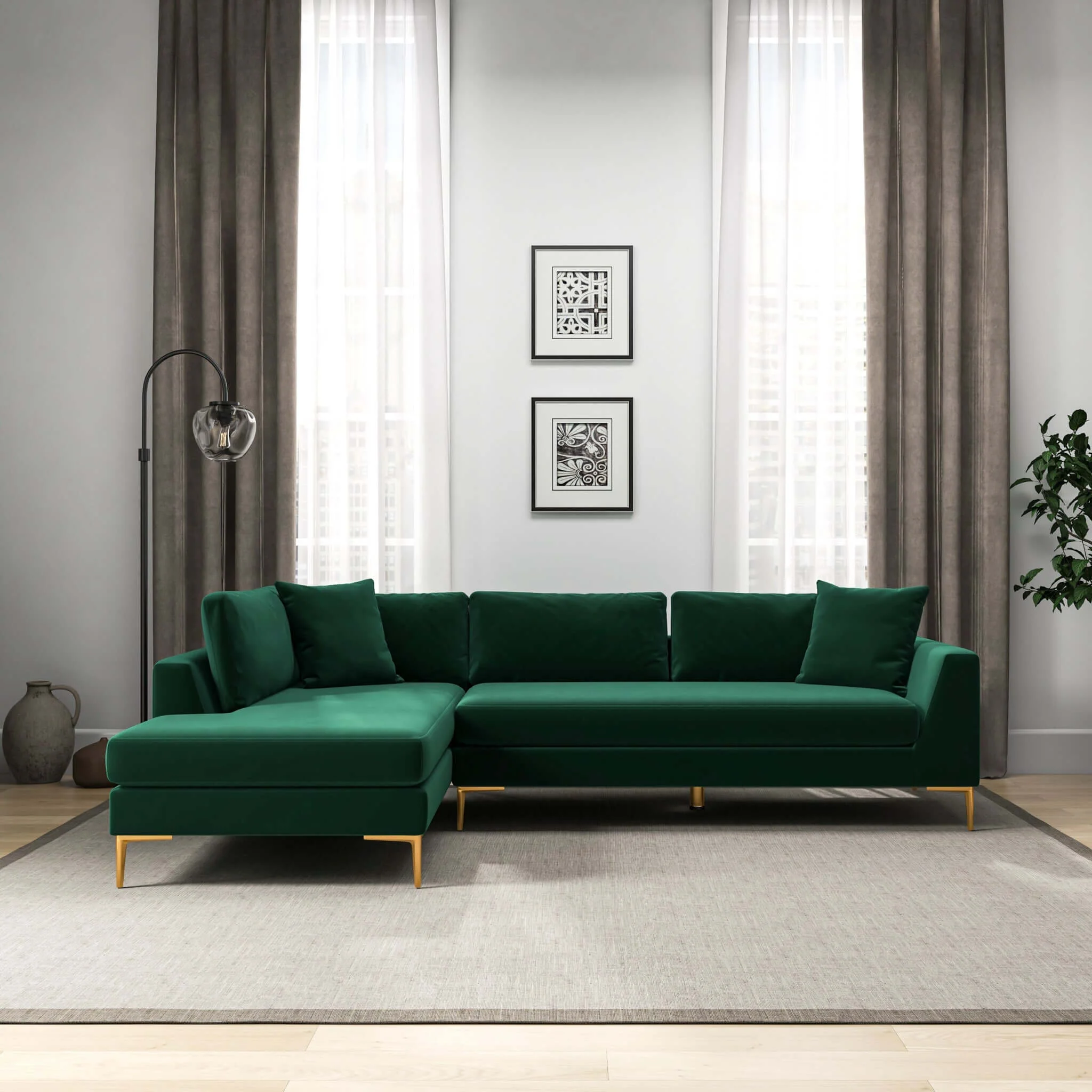 Mano  L-Shaped Velvet Sectional Sofa In Green Left Facing - Image 2