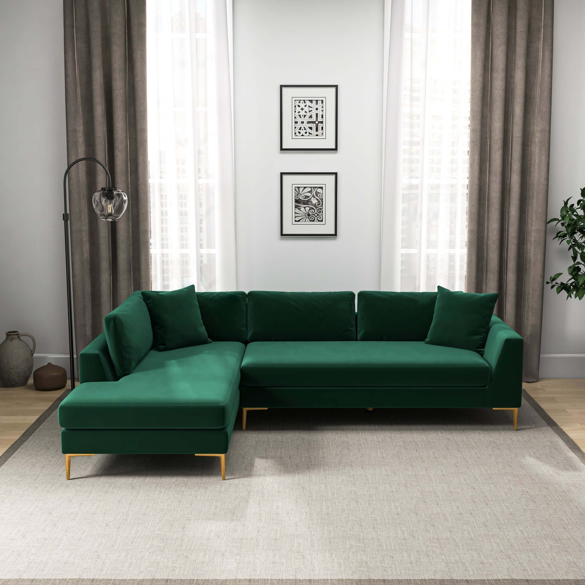 Mano  L-Shaped Velvet Sectional Sofa In Green Left Facing - Image 3