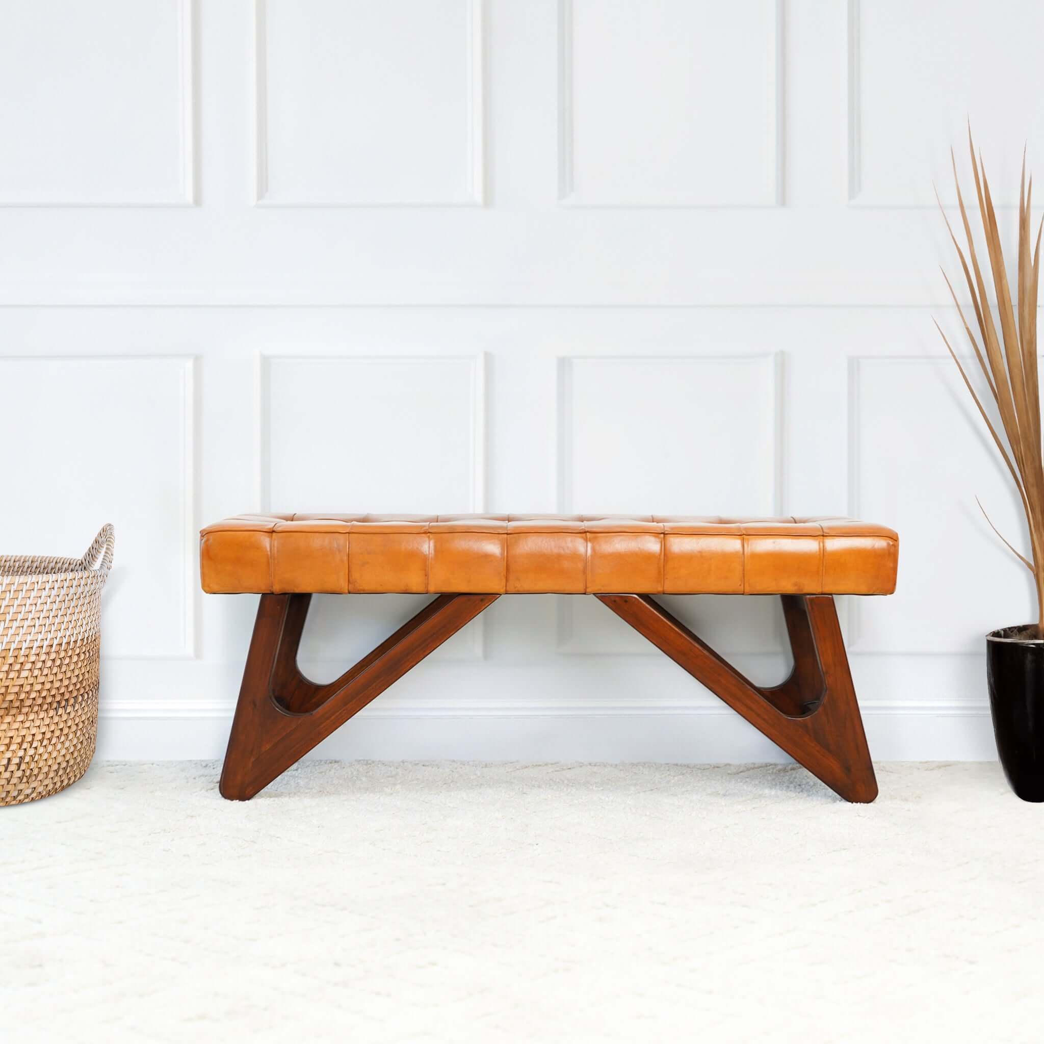 Mia Tan Leather Bench With Buttons - Image 6