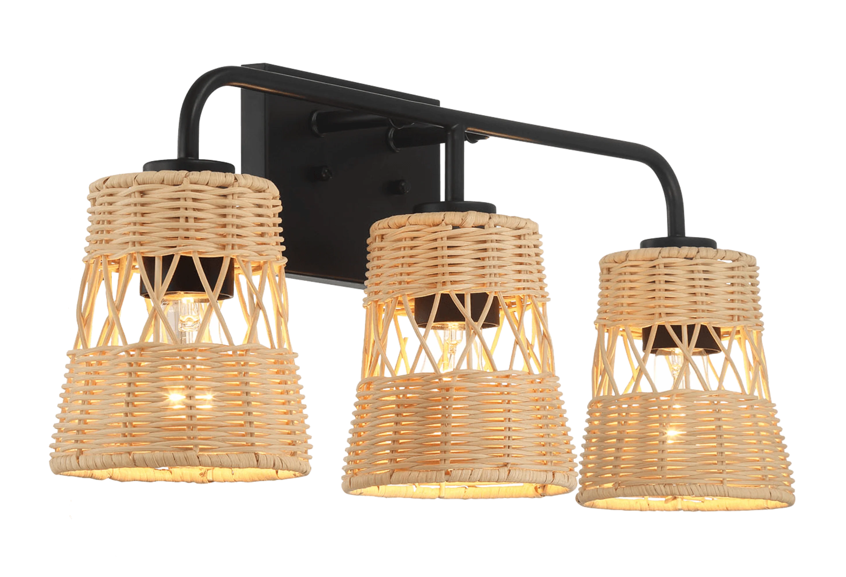 Moonlit Three Lights Wall Sconce With Rattan Shade, Bathroom Lighting Fixtures Over Mirror - Image 3