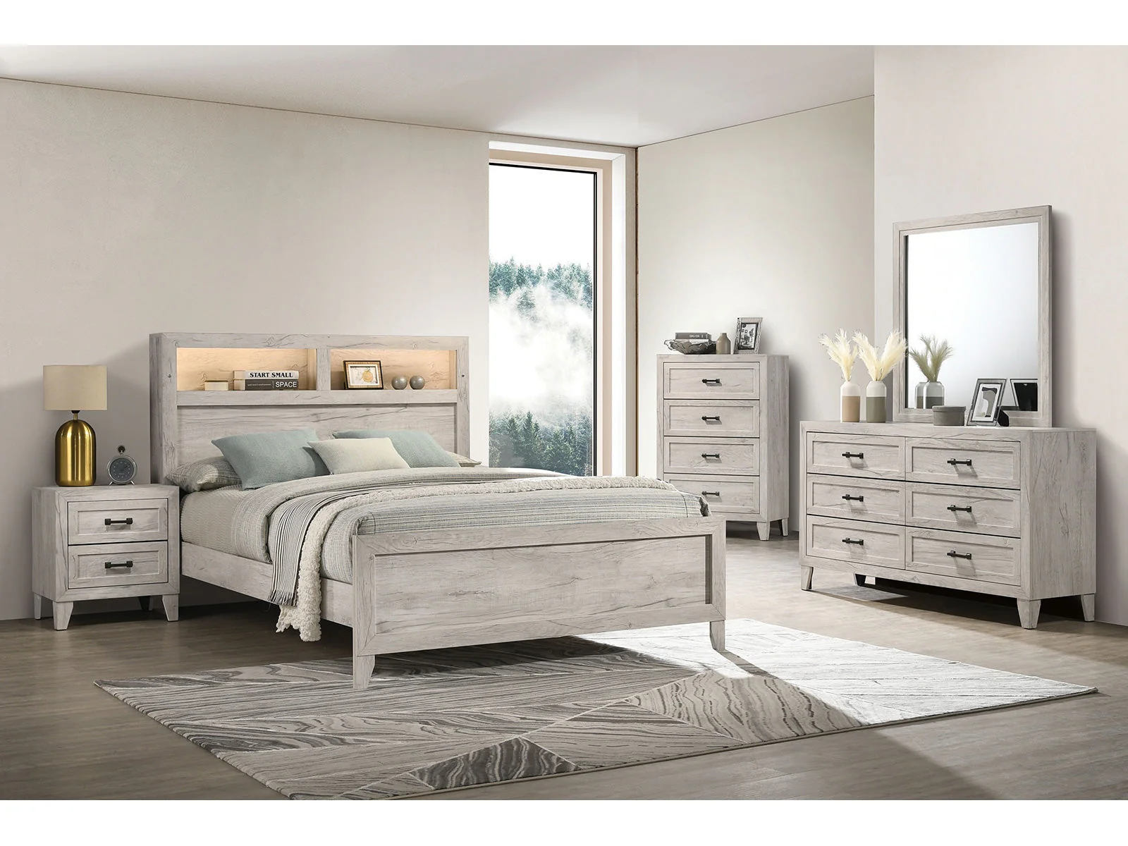Mysen White Wash 5 Pc. Queen Bedroom Set w/ Chest