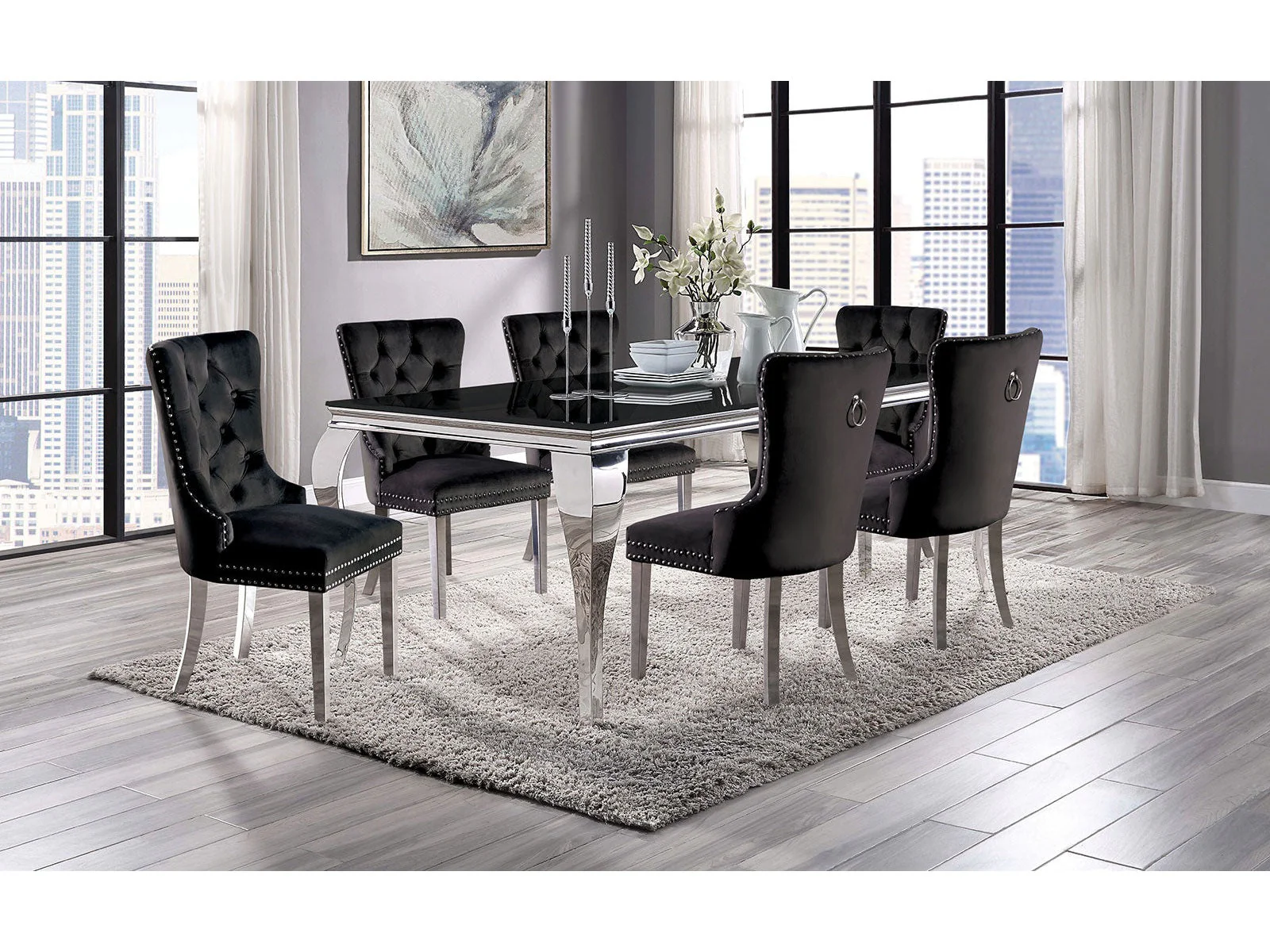 Neuveville Black/Chrome Table and Black Chairs 7-Piece Dining Room Set