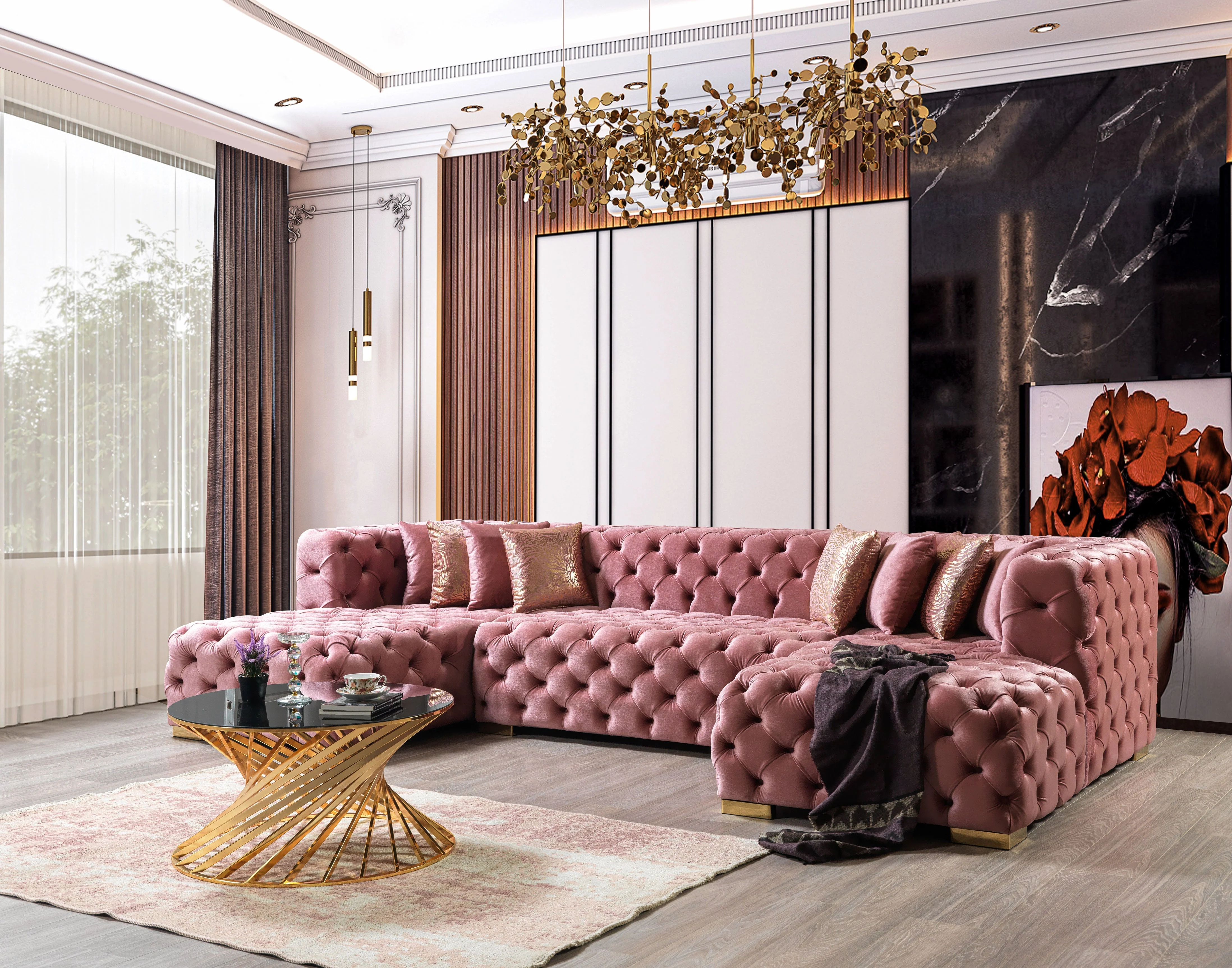 Neva Pink Velvet Double Chaise 138" Sectional - Image 2