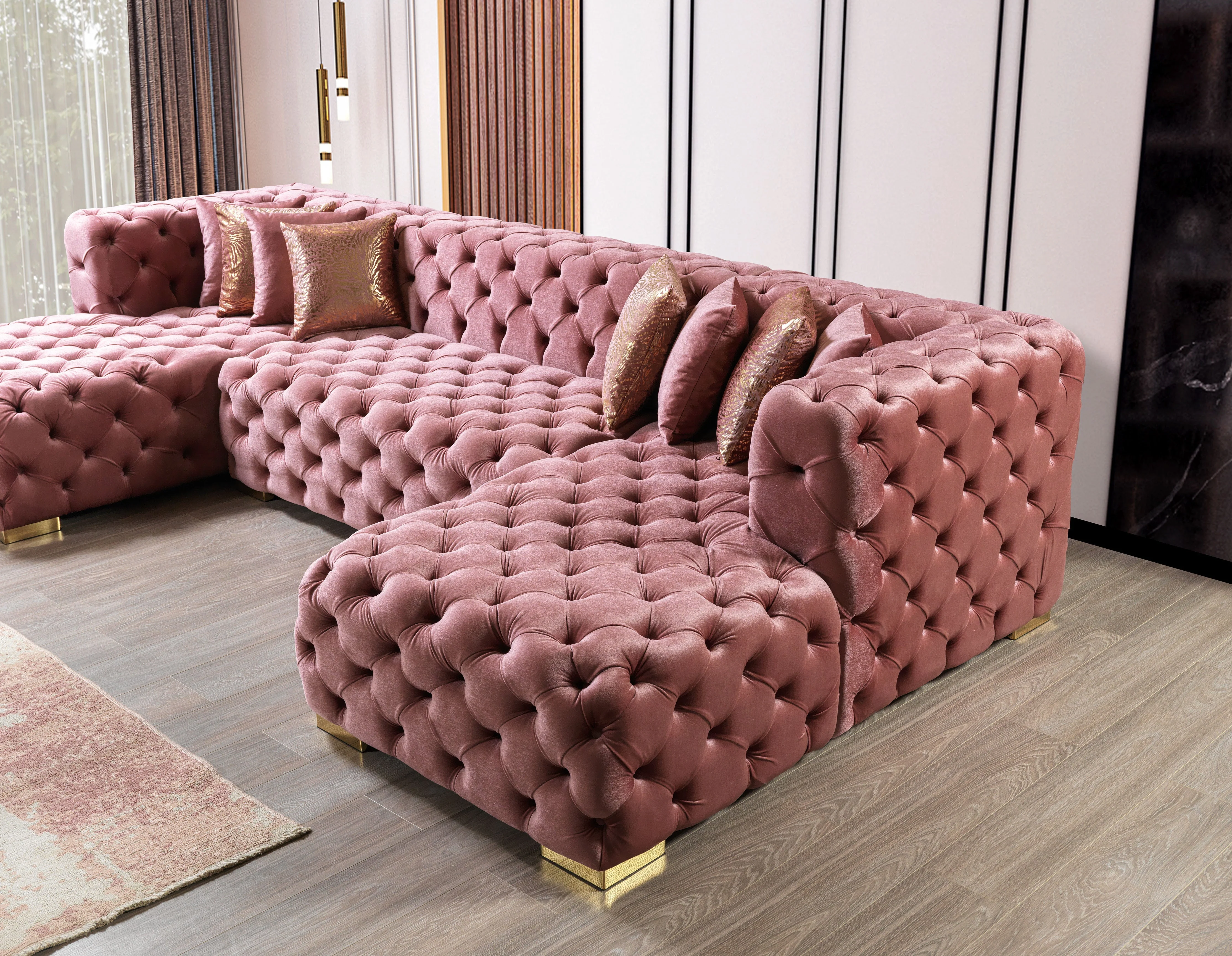 Neva Pink Velvet Double Chaise 138" Sectional - Image 6