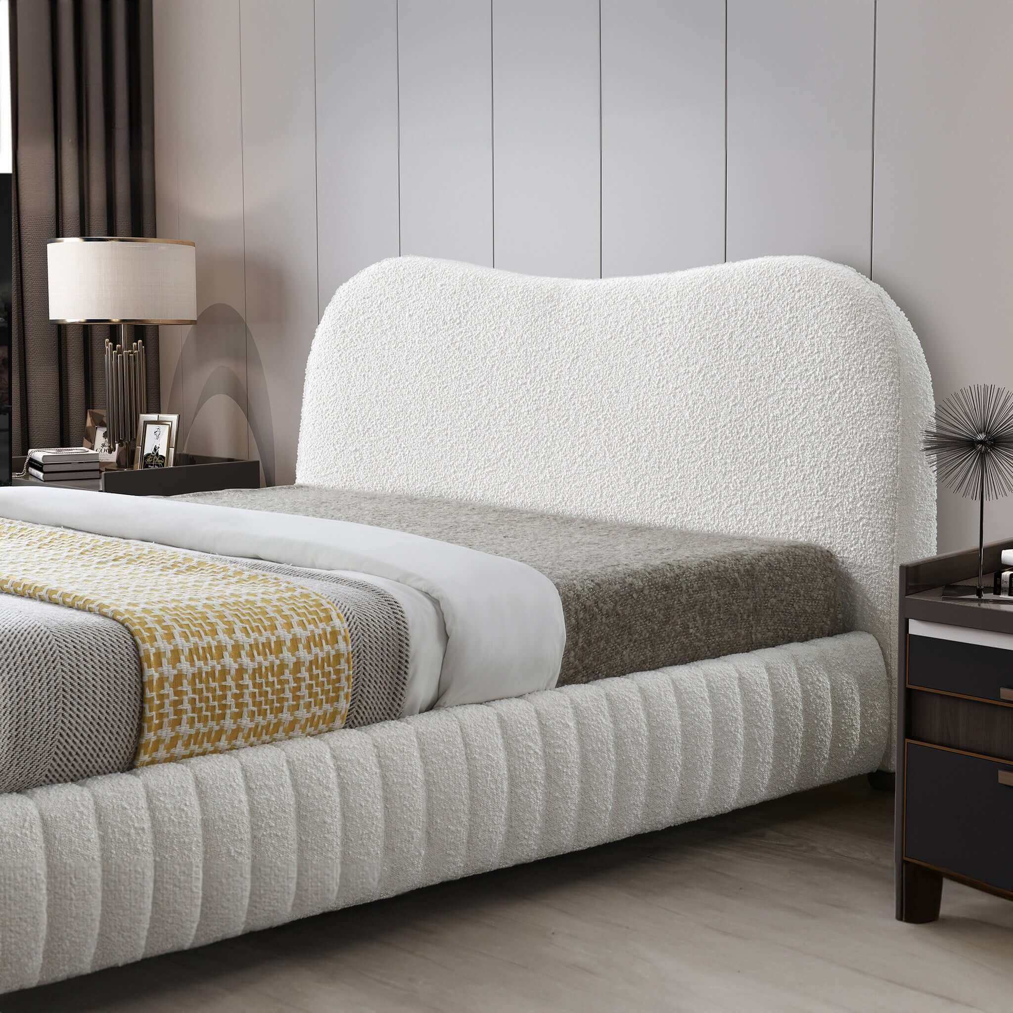 Norme Boucle Upholstered Low Profile Queen Size Platform Bed In Cream - Image 2