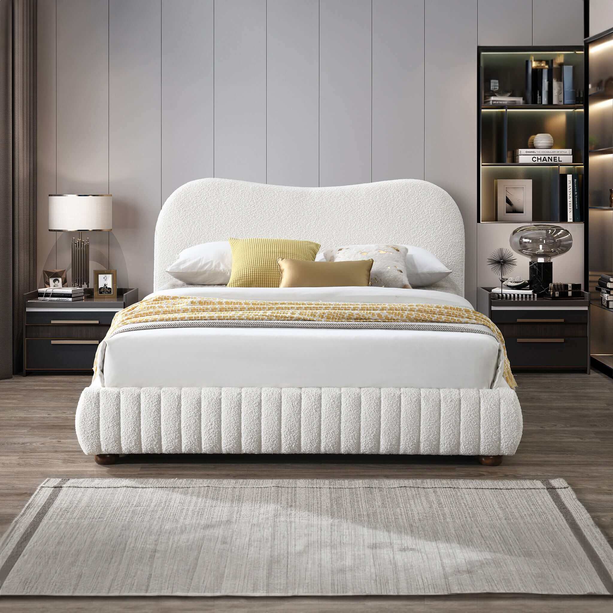 Norme Boucle Upholstered Low Profile Queen Size Platform Bed In Cream - Image 3