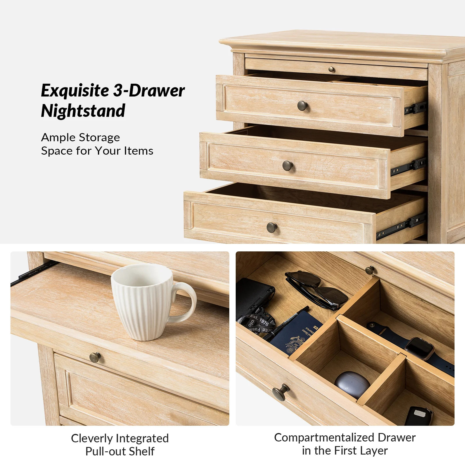 Dominic 3 - Drawer Nightstand with  Built-In Outlets-NATURAL in Natural - Image 4