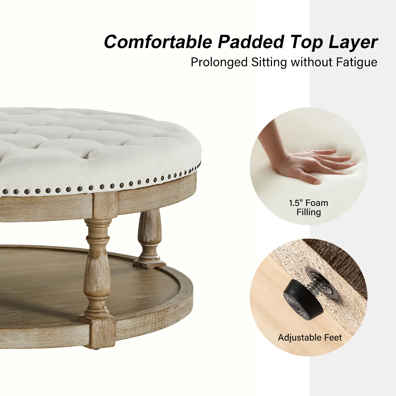 Deoius Tufted Round Cocktail Ottoman with Storage in Ivory - Image 4