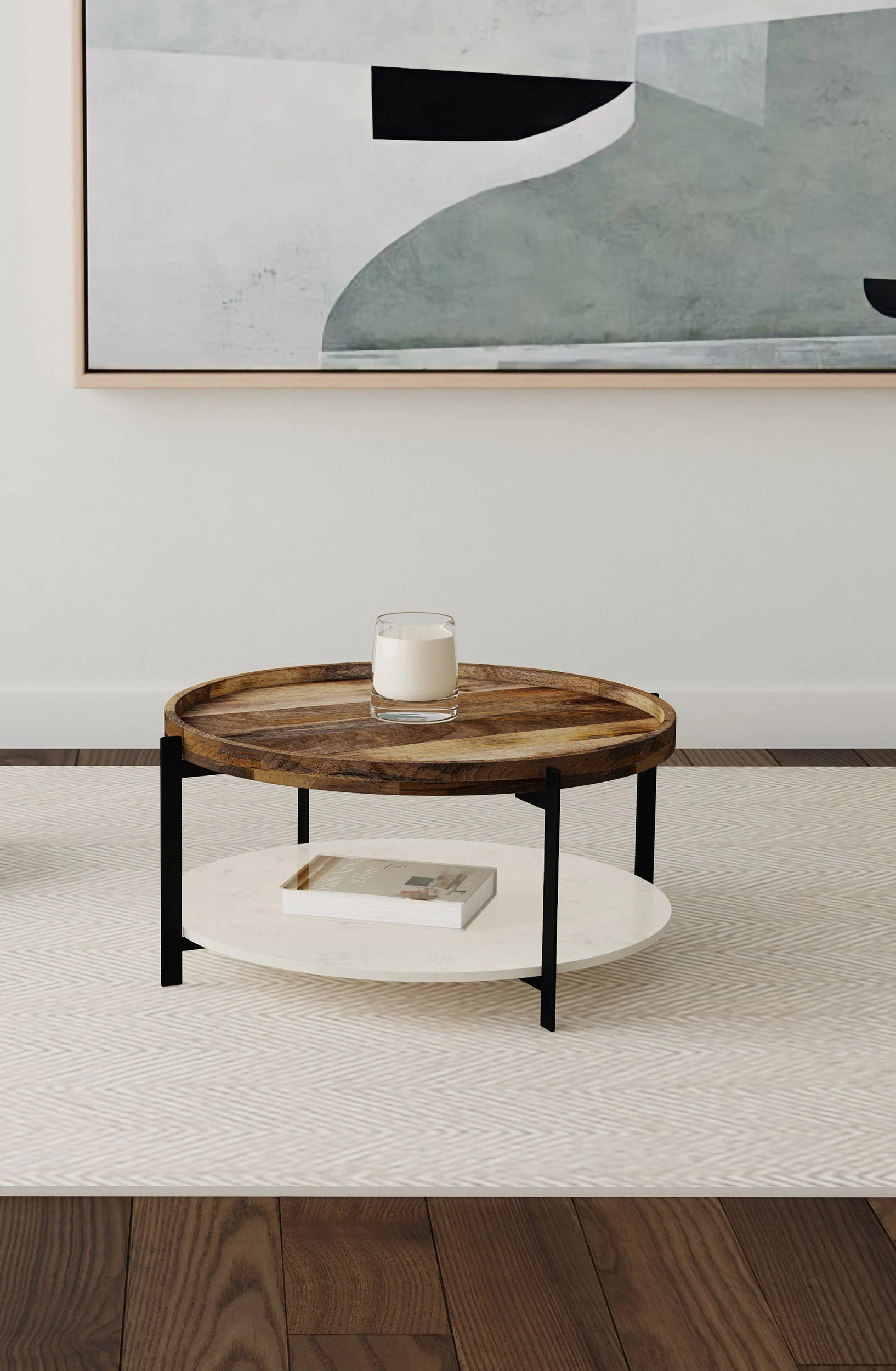 Adhvik Round Wood Top Marble Shelf Coffee Table Natural - Image 3