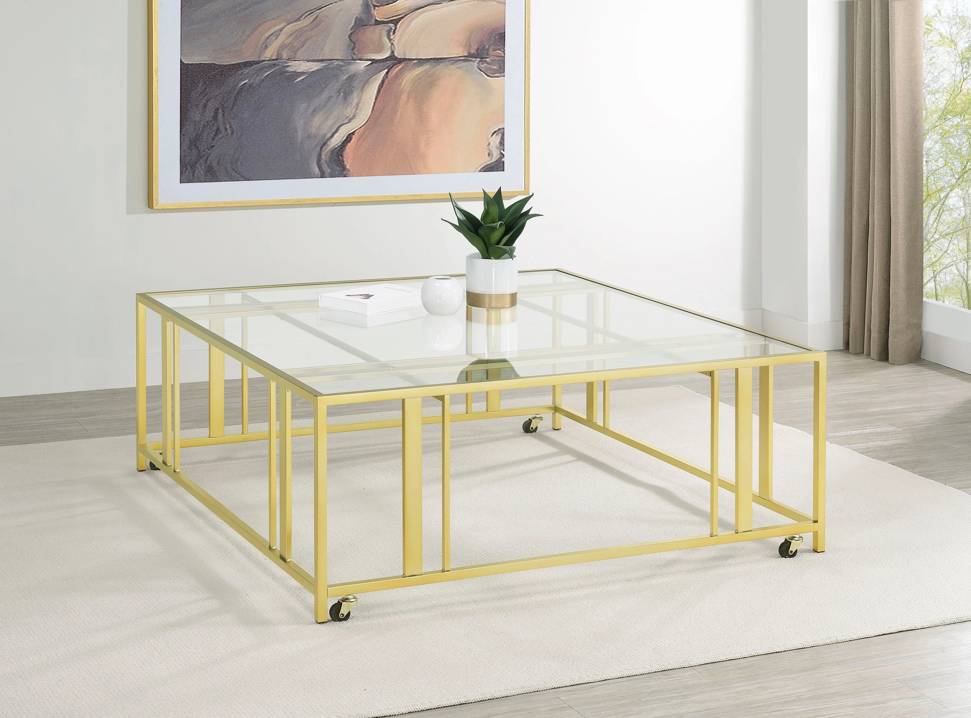 Adri Square Glass Top Coffee Table with Casters - Image 6