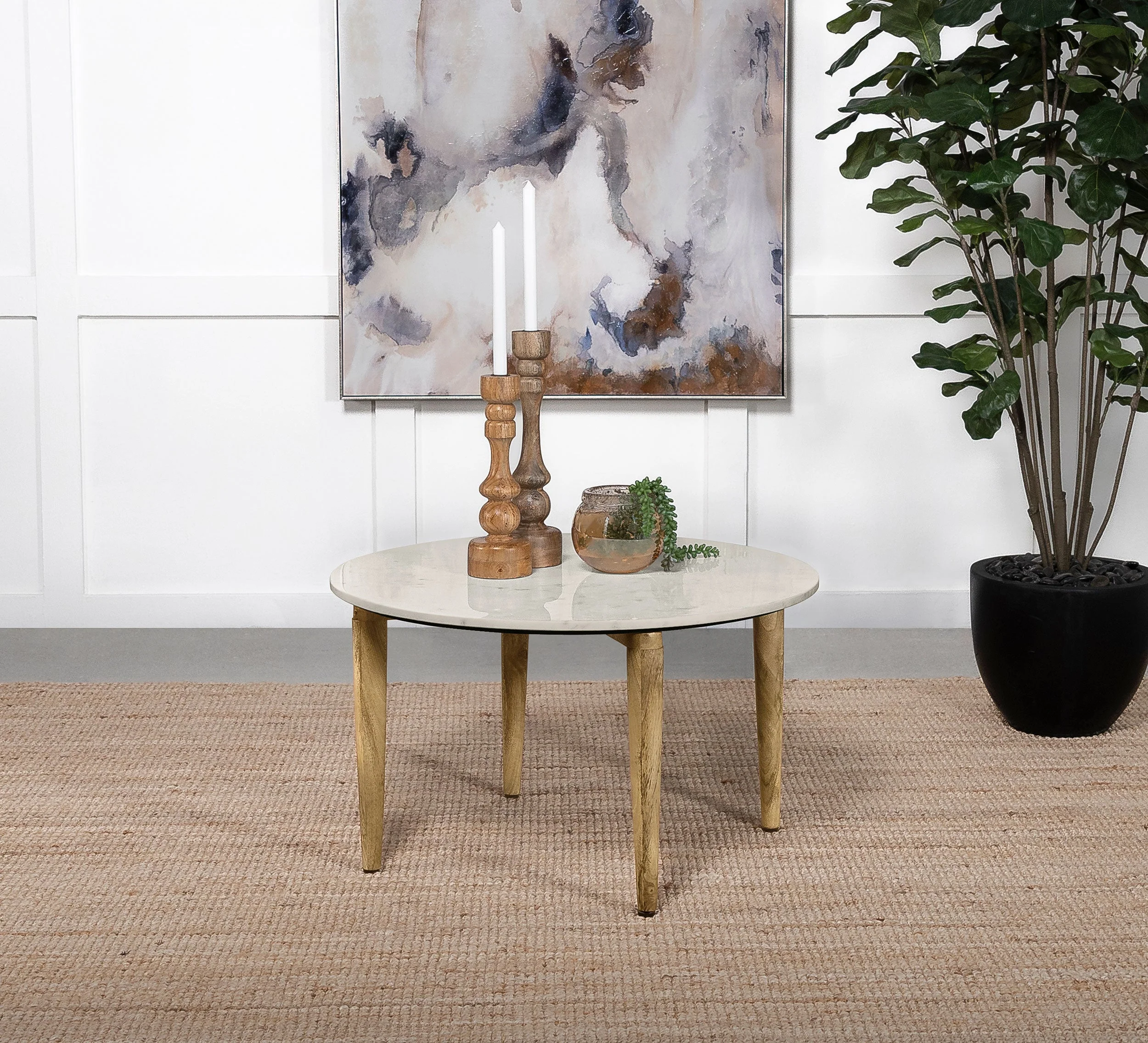 Aldis Round Marble Top Coffee Table White and Natural - Image 3