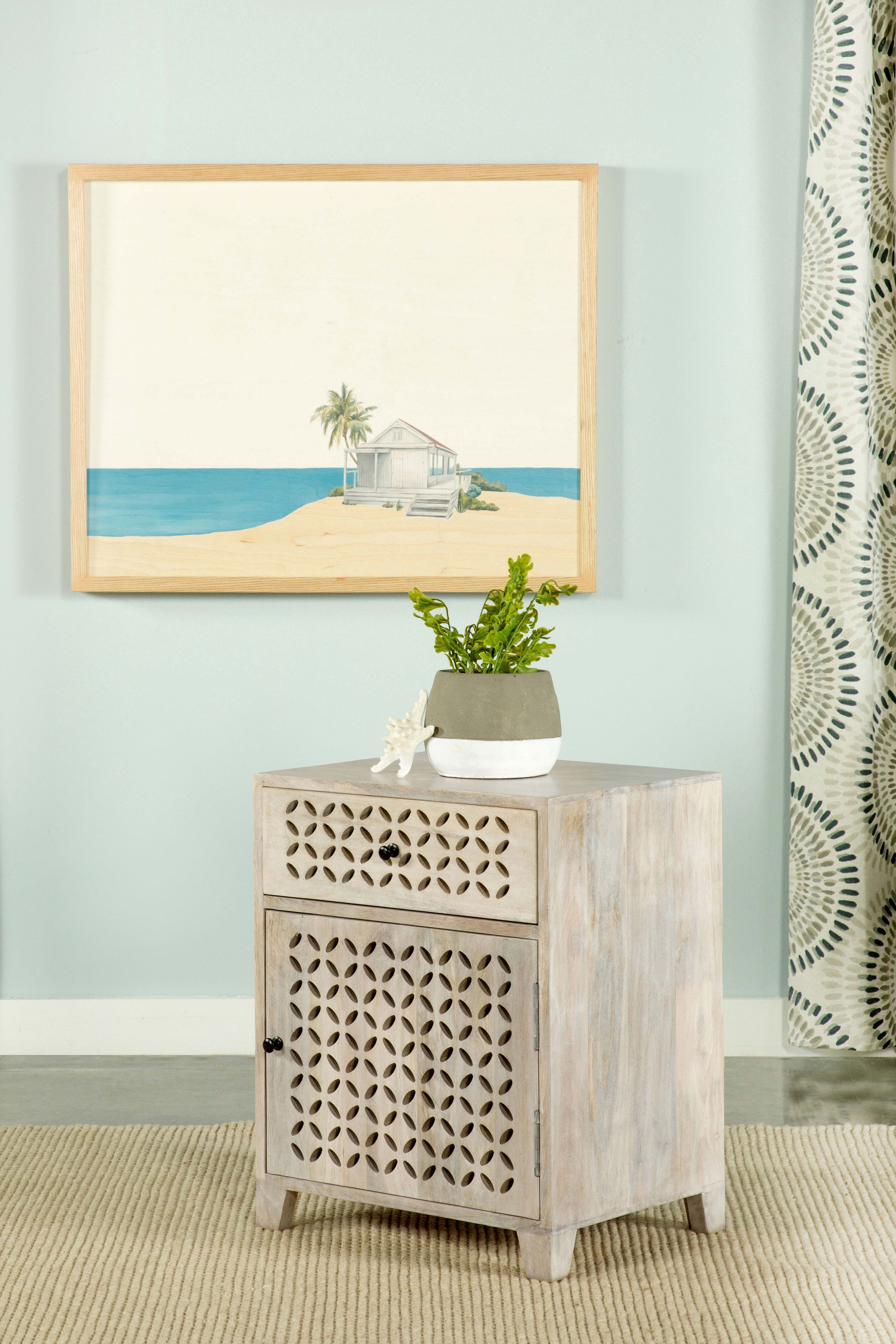 August 1-drawer Trellis Pattern Storage Cabinet White Washed - Image 3