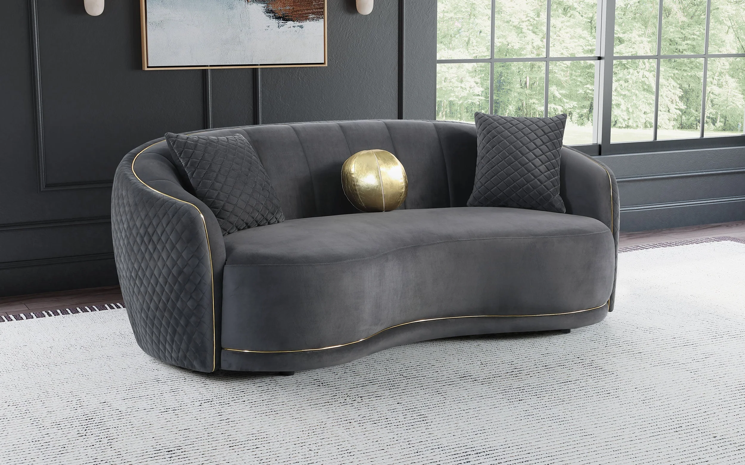 Brookside Velvet Upholstered Curved Sofa Dark Grey - Image 3