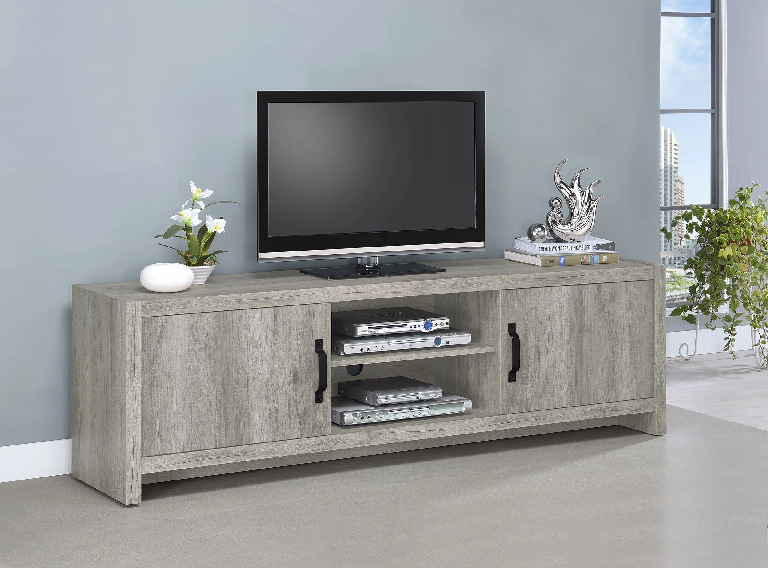 Burke 2-door Engineered Wood 71-inch TV Stand Grey Driftwood - Image 3