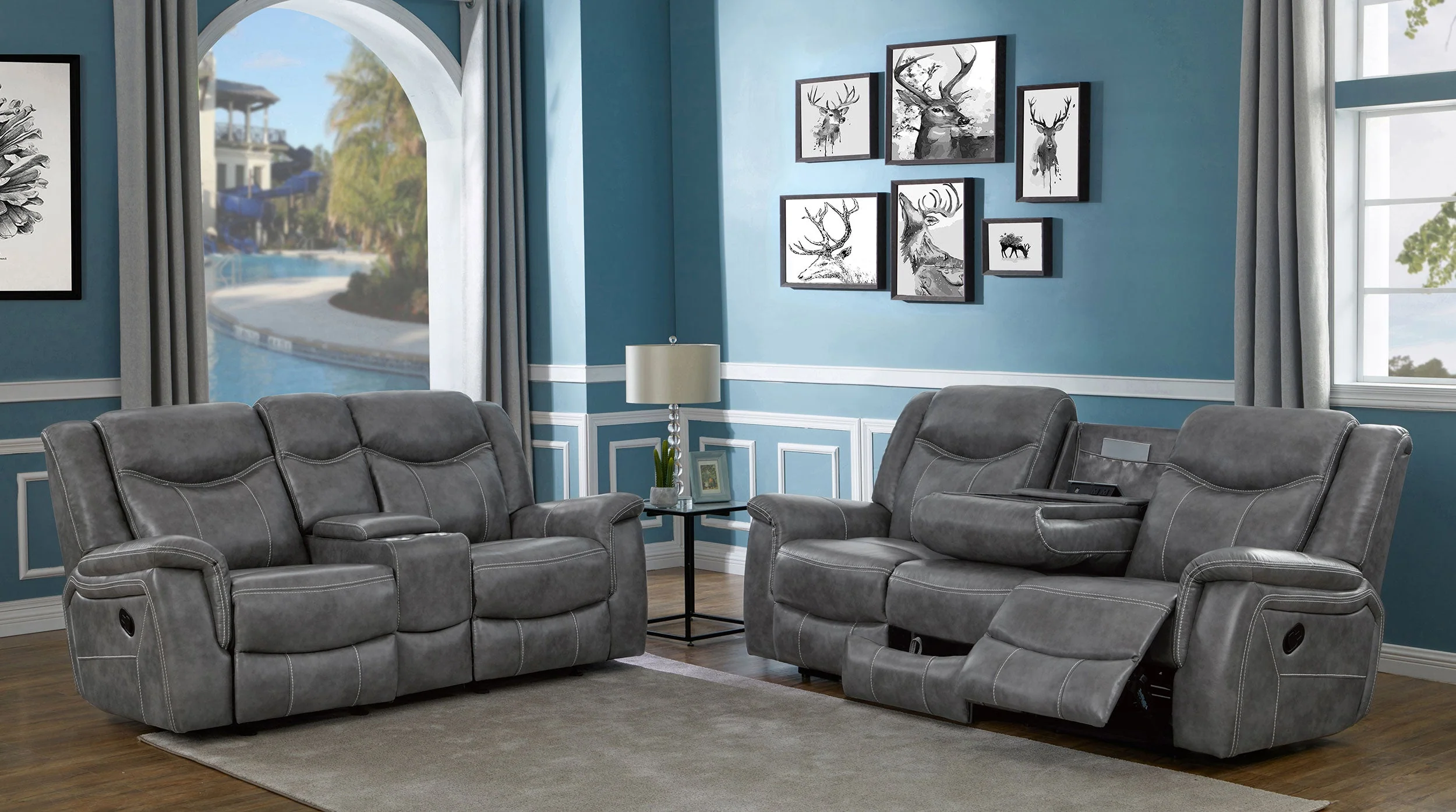 Conrad Upholstered Padded Arm Motion Sofa Set Grey - Image 3
