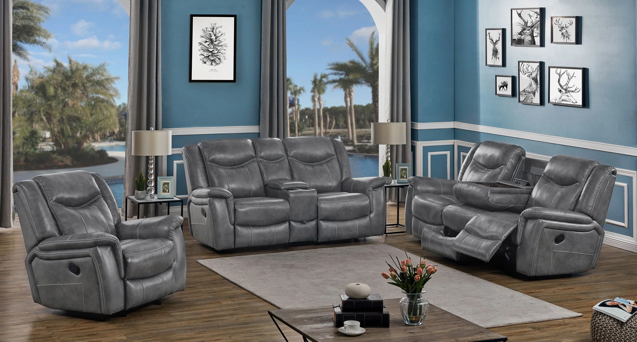 Conrad Upholstered Padded Arm Motion Sofa Set Grey - Image 4