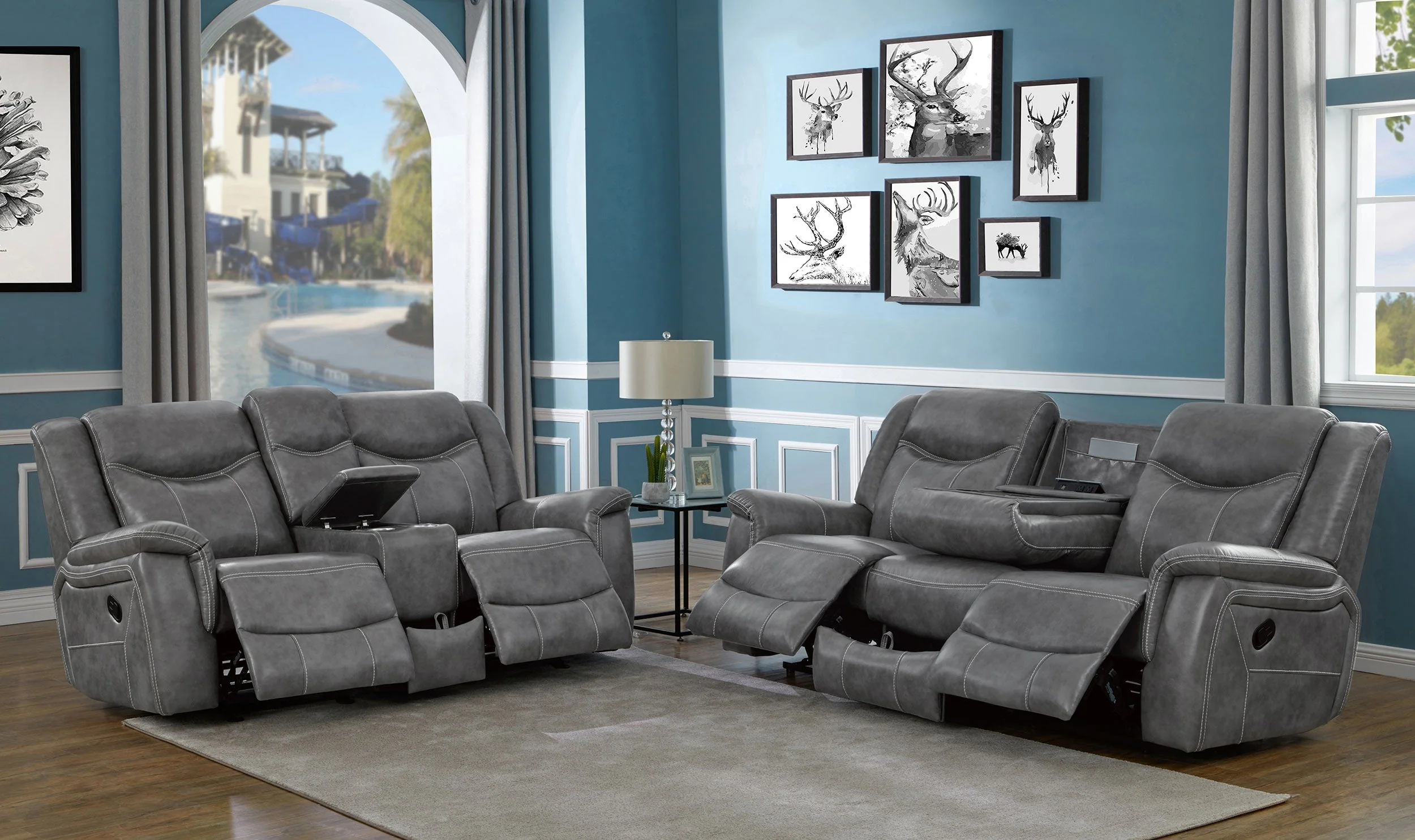 Conrad Upholstered Padded Arm Motion Sofa Set Grey - Image 5