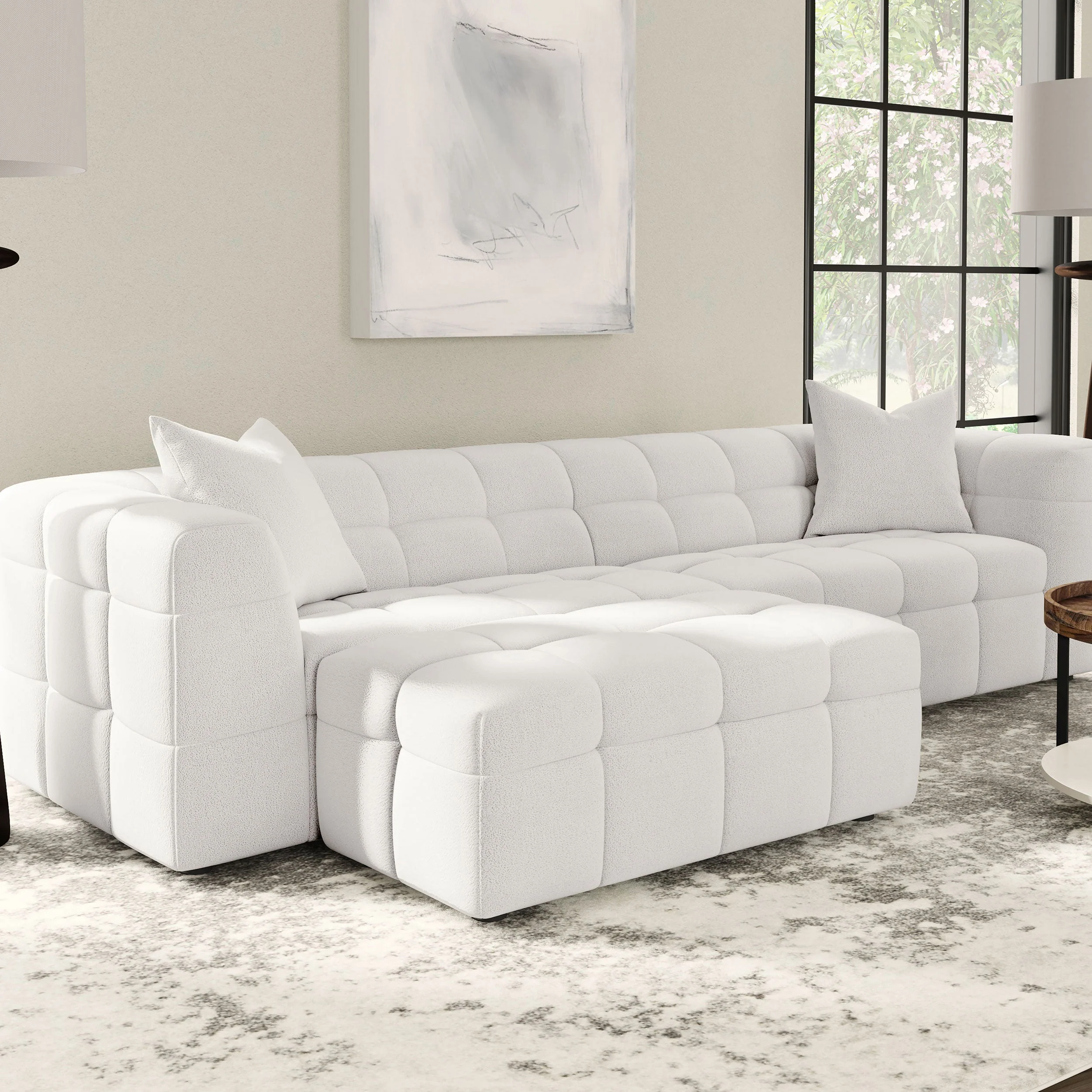 Everly Boucle Upholstered Rectangular Ottoman Off White - Image 3