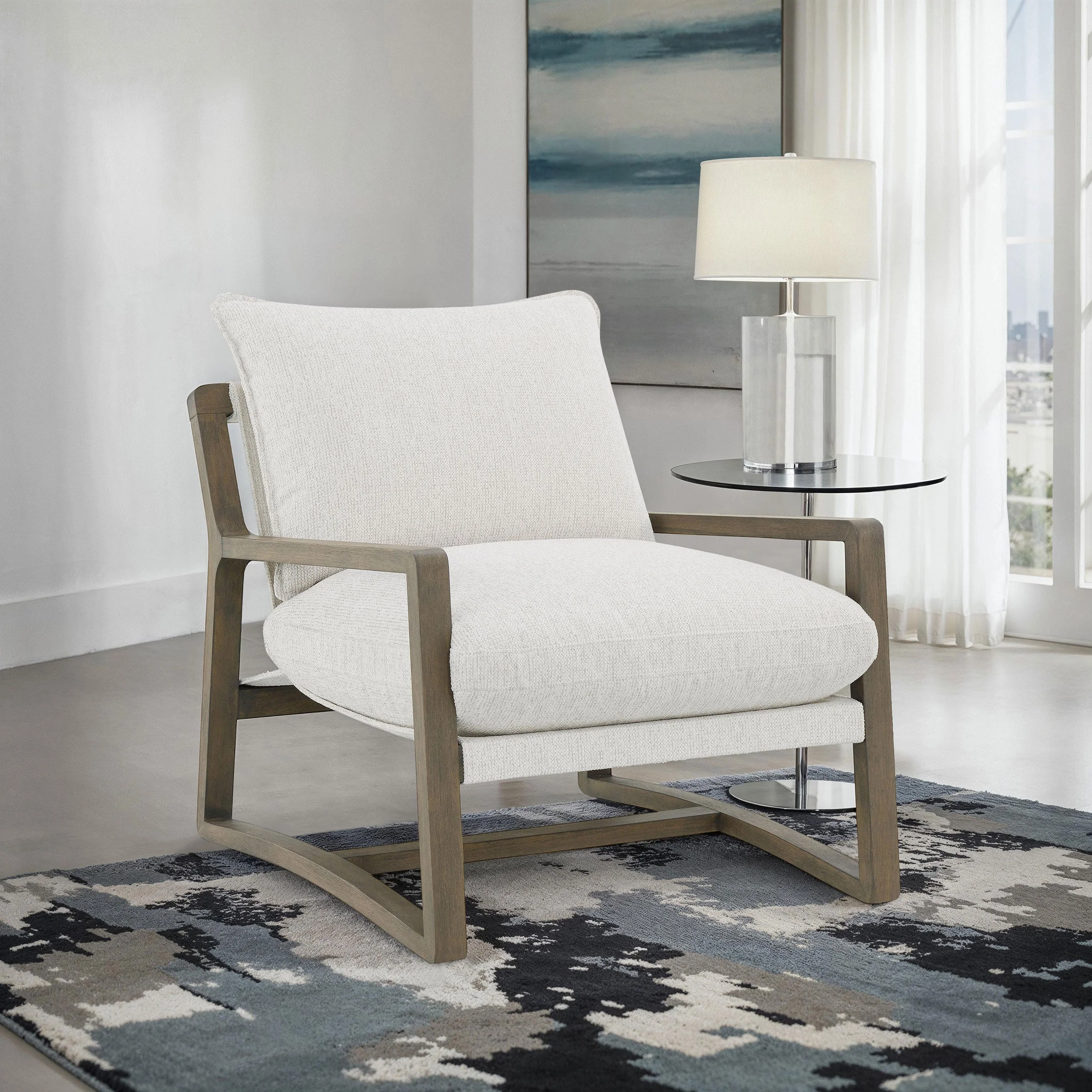 Geneva Boucle Upholstered Wood Arm Accent Chair Sand - Image 3