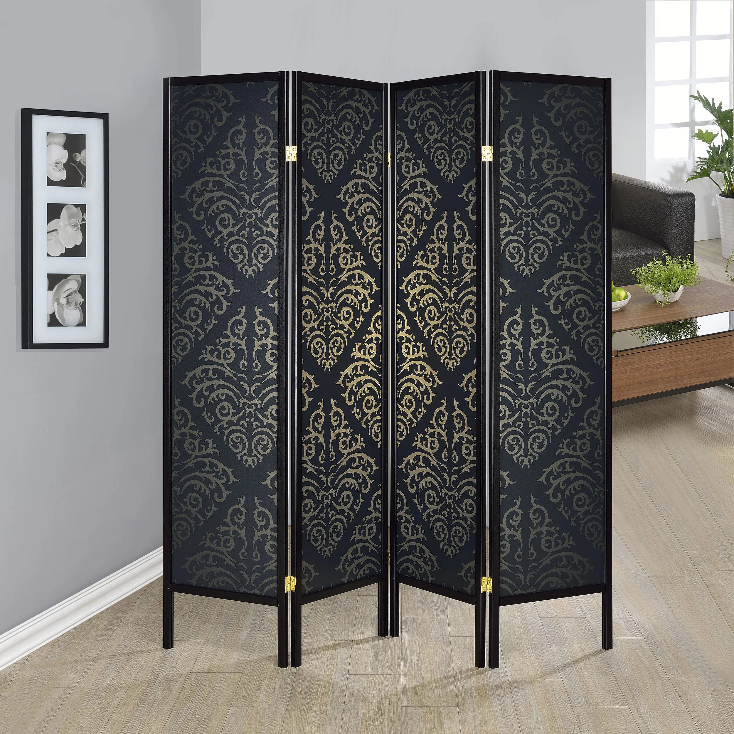 Haidera 4-Panel Room Divider Folding Screen Black Damask - Image 3