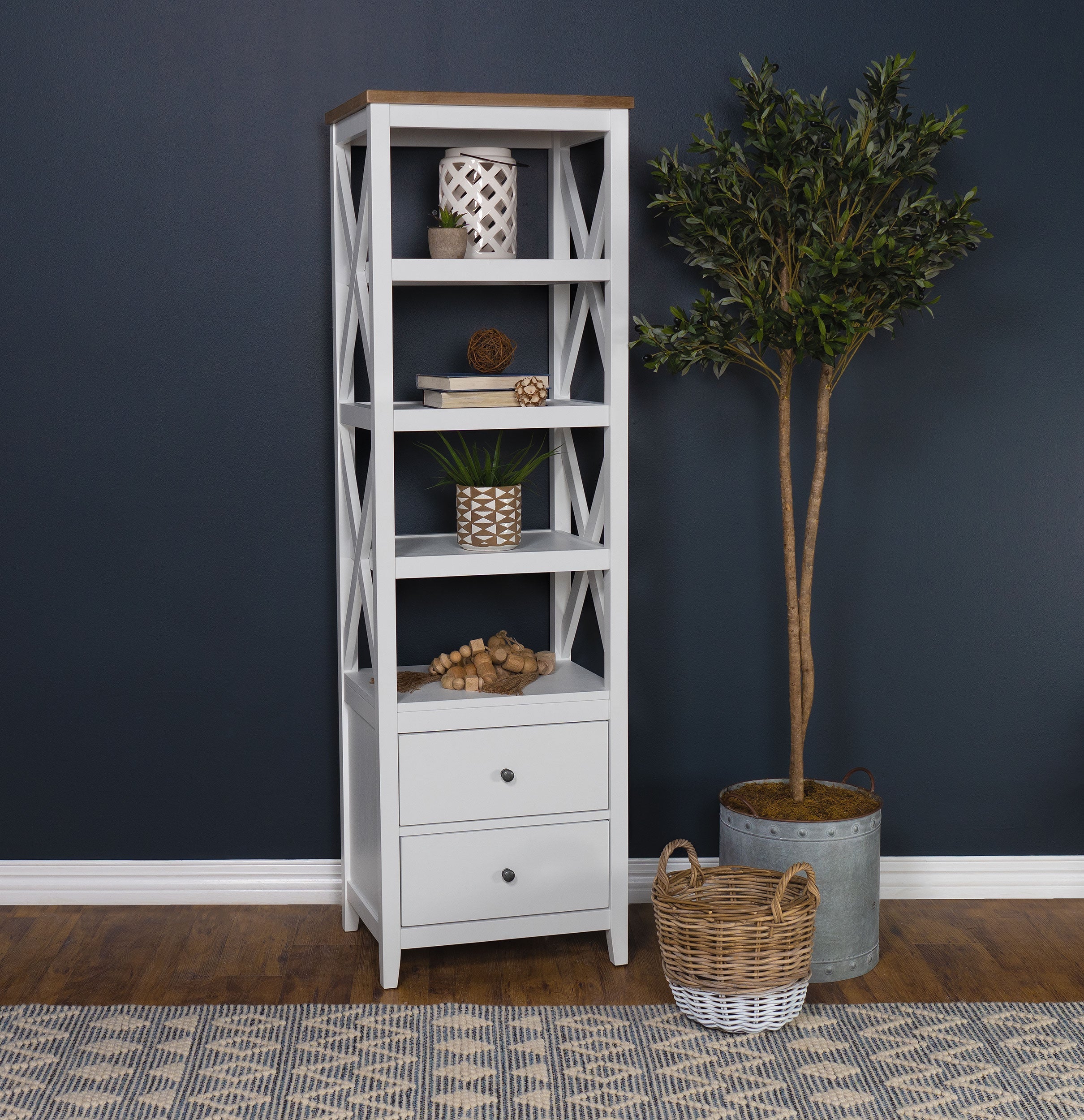 Hollis 4-shelf Wood Media Tower with Drawers Brown and White - Image 3