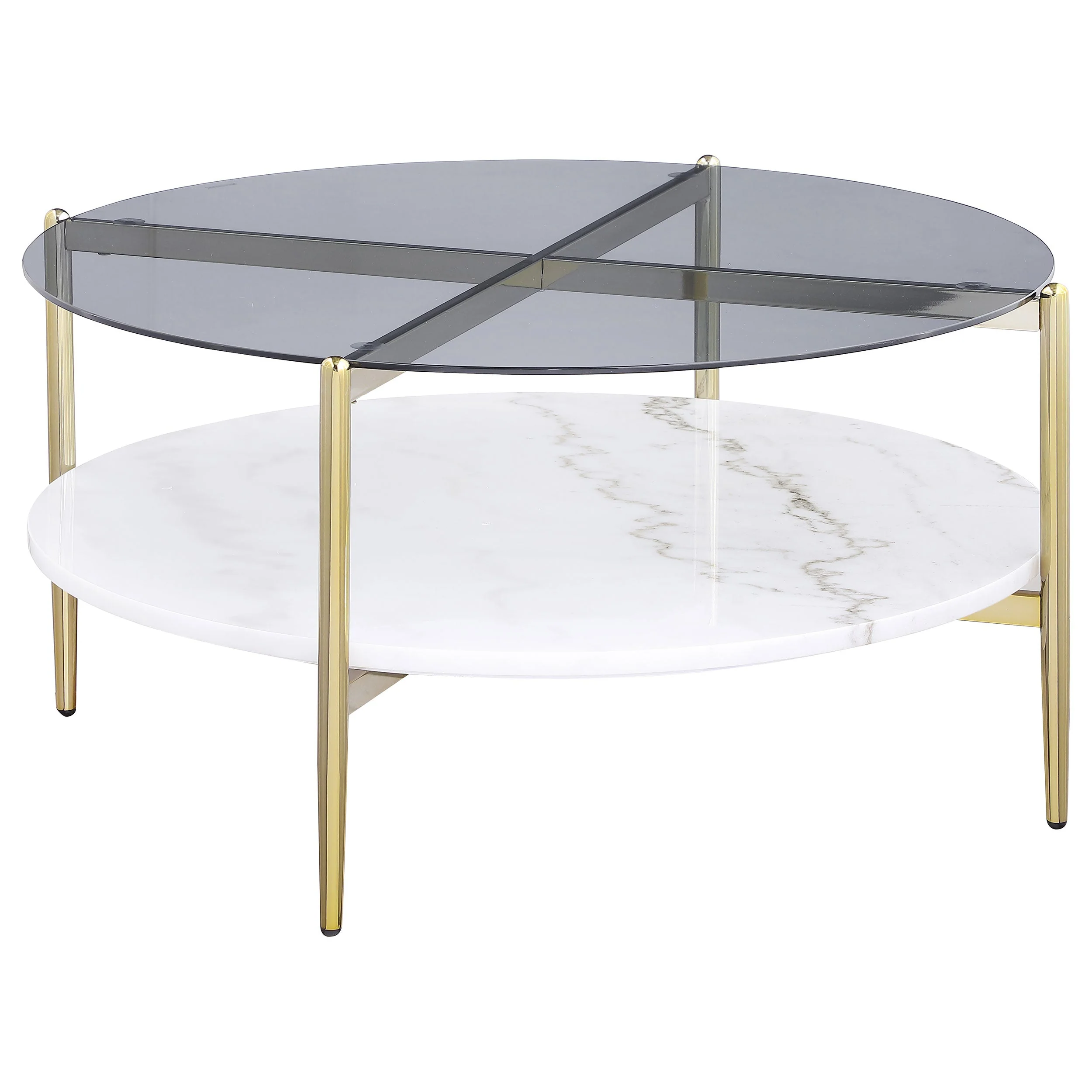 Jonelle Round Glass Top Coffee Table White Marble Shelf Gold - Image 2
