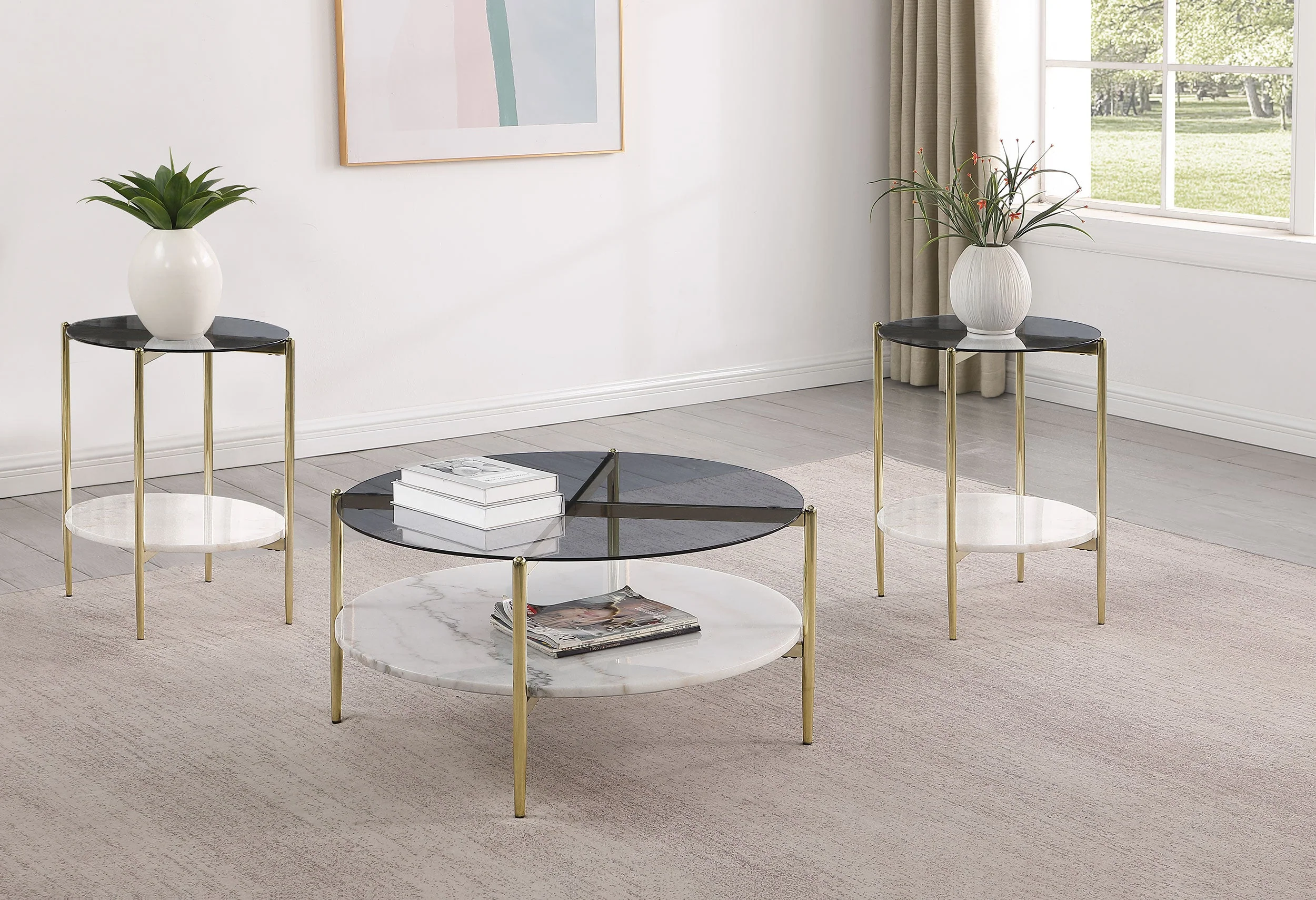 Jonelle Round Coffee and End Table Set Gold - Image 4