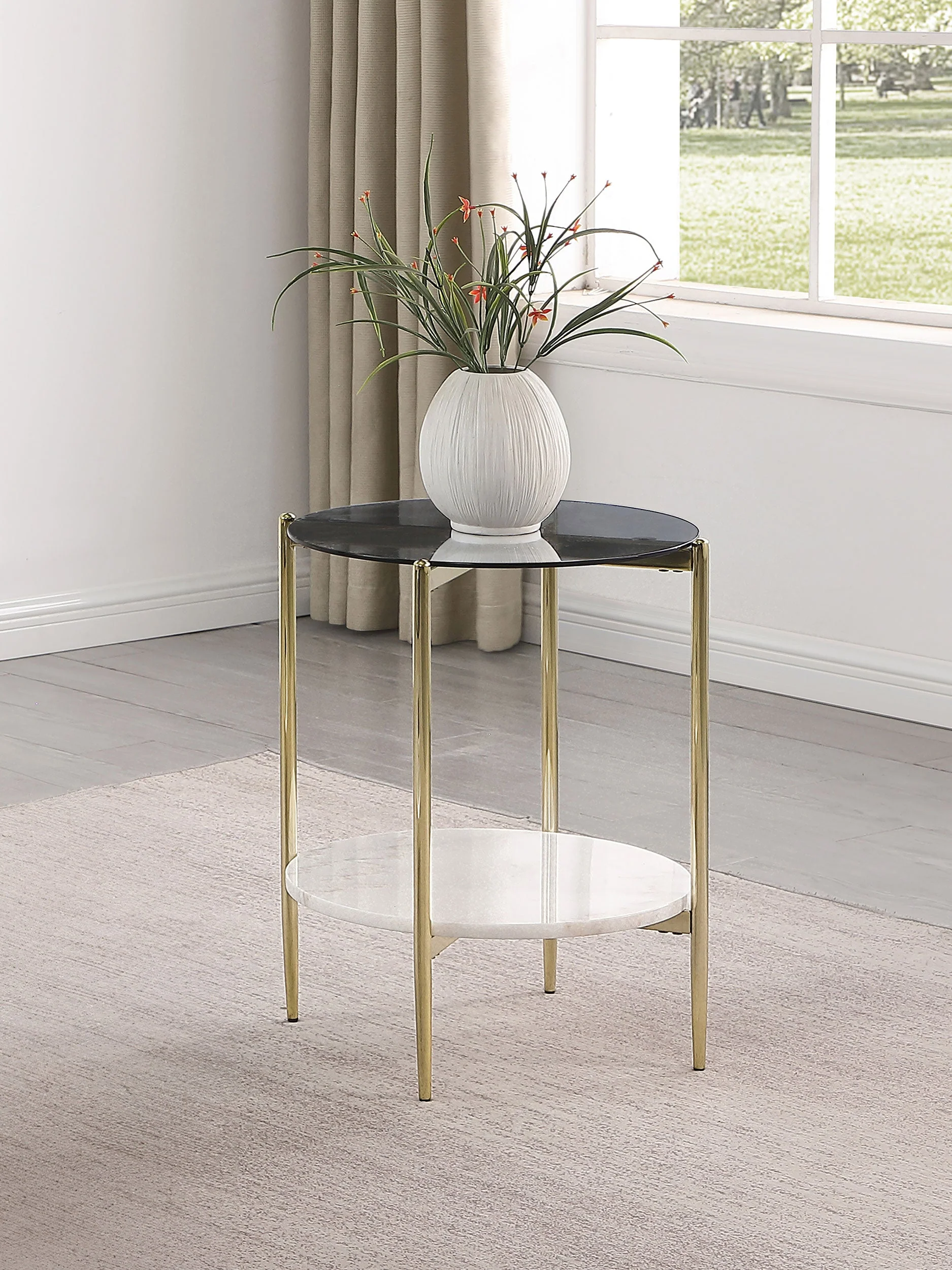 Jonelle Round Glass Top End Table White Marble Shelf Gold - Image 3