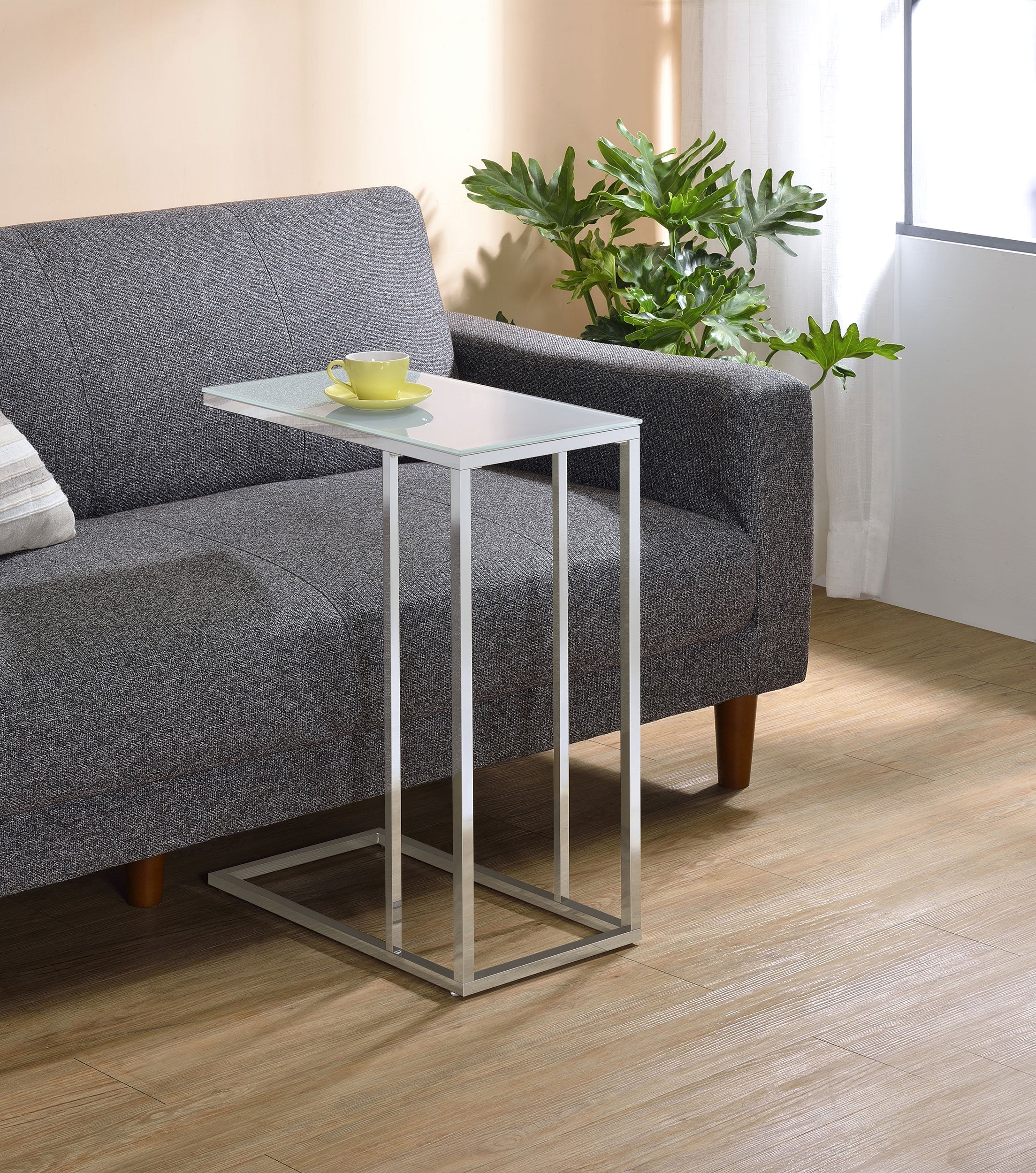 Stella White Glass Top C-Shaped Sofa Side Table Chrome - Image 3