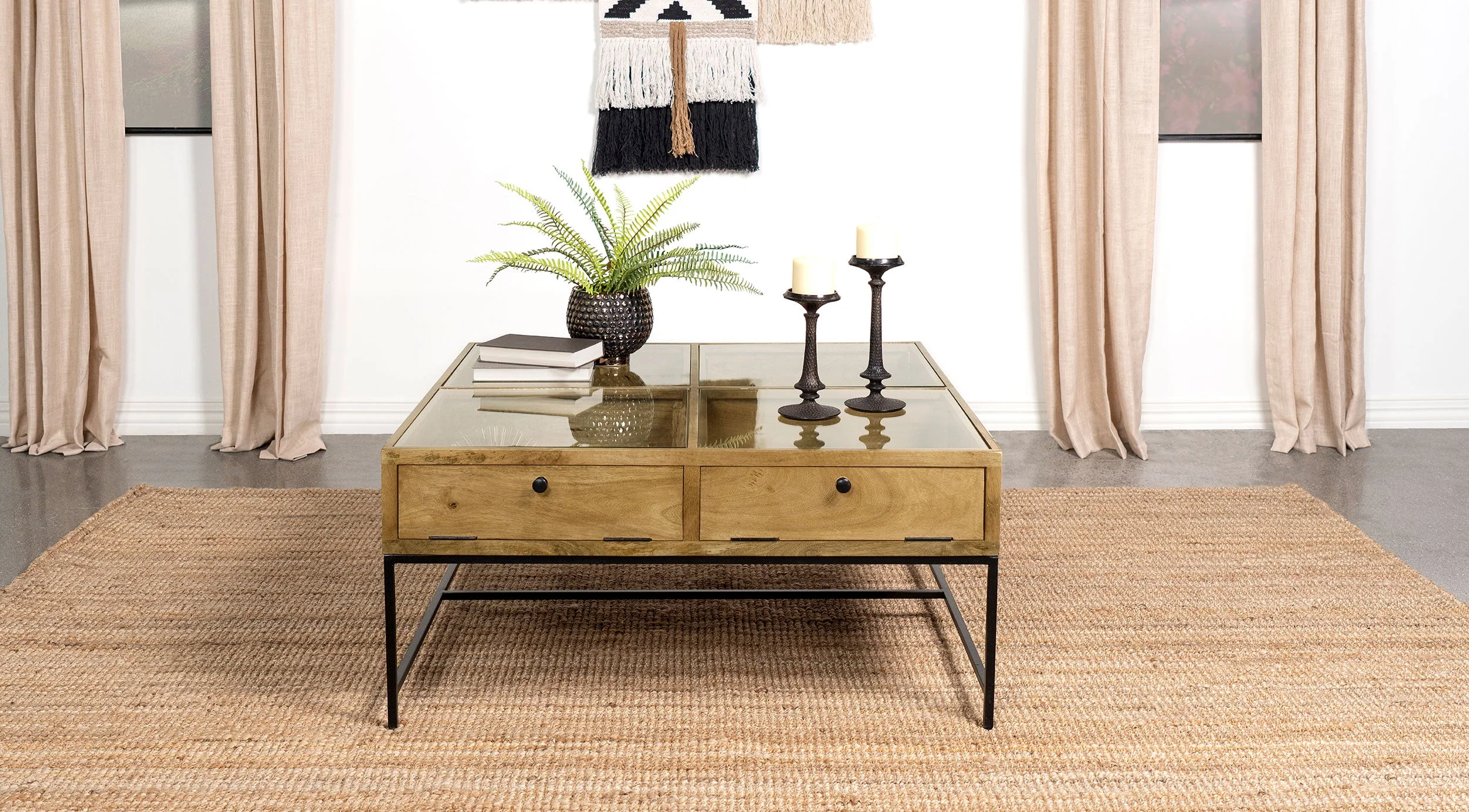 Stephie 4-drawer Square Glass Top Coffee Table Honey Brown - Image 3