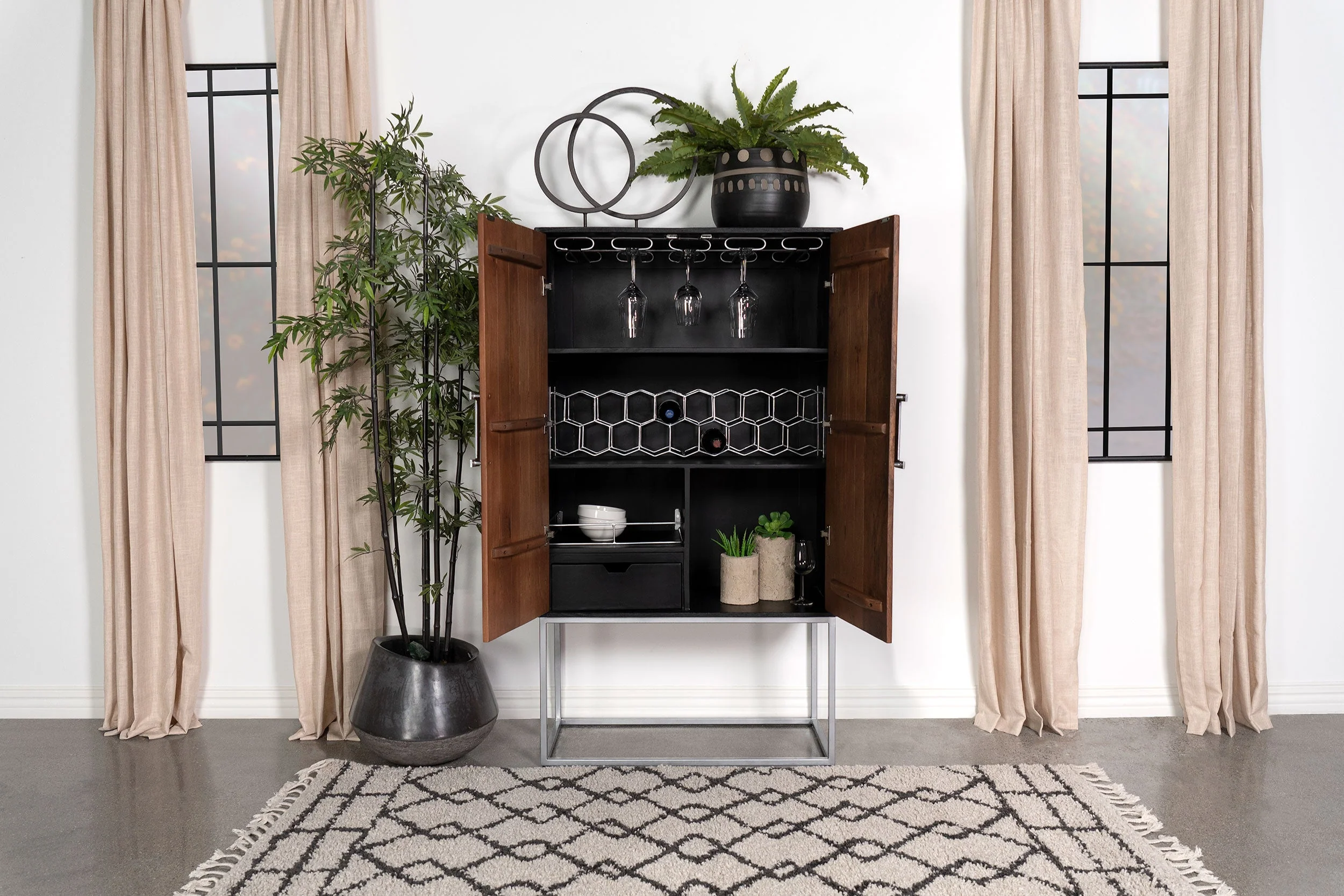 Borman 2-door Home Bar Cabinet Wine Storage Walnut and Black - Image 4