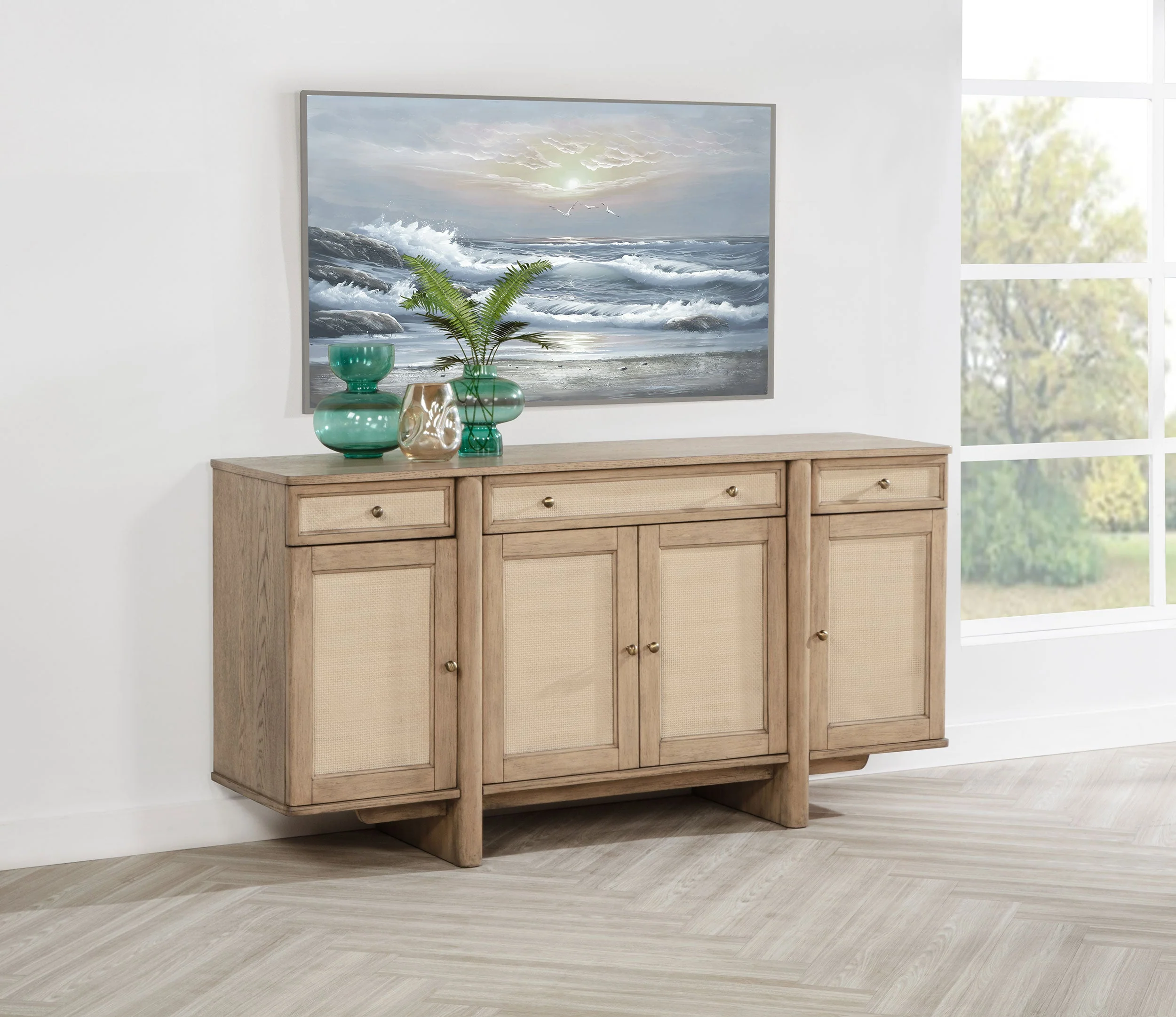 Kailani 4-door Cane Sideboard Buffet Cabinet Beige Oak - Image 3
