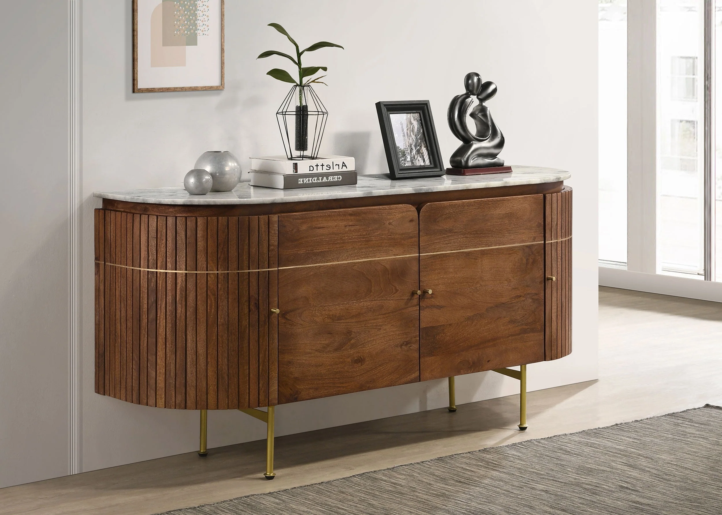 Ortega 4-door Marble Top Sideboard Buffet Cabinet Natural - Image 3