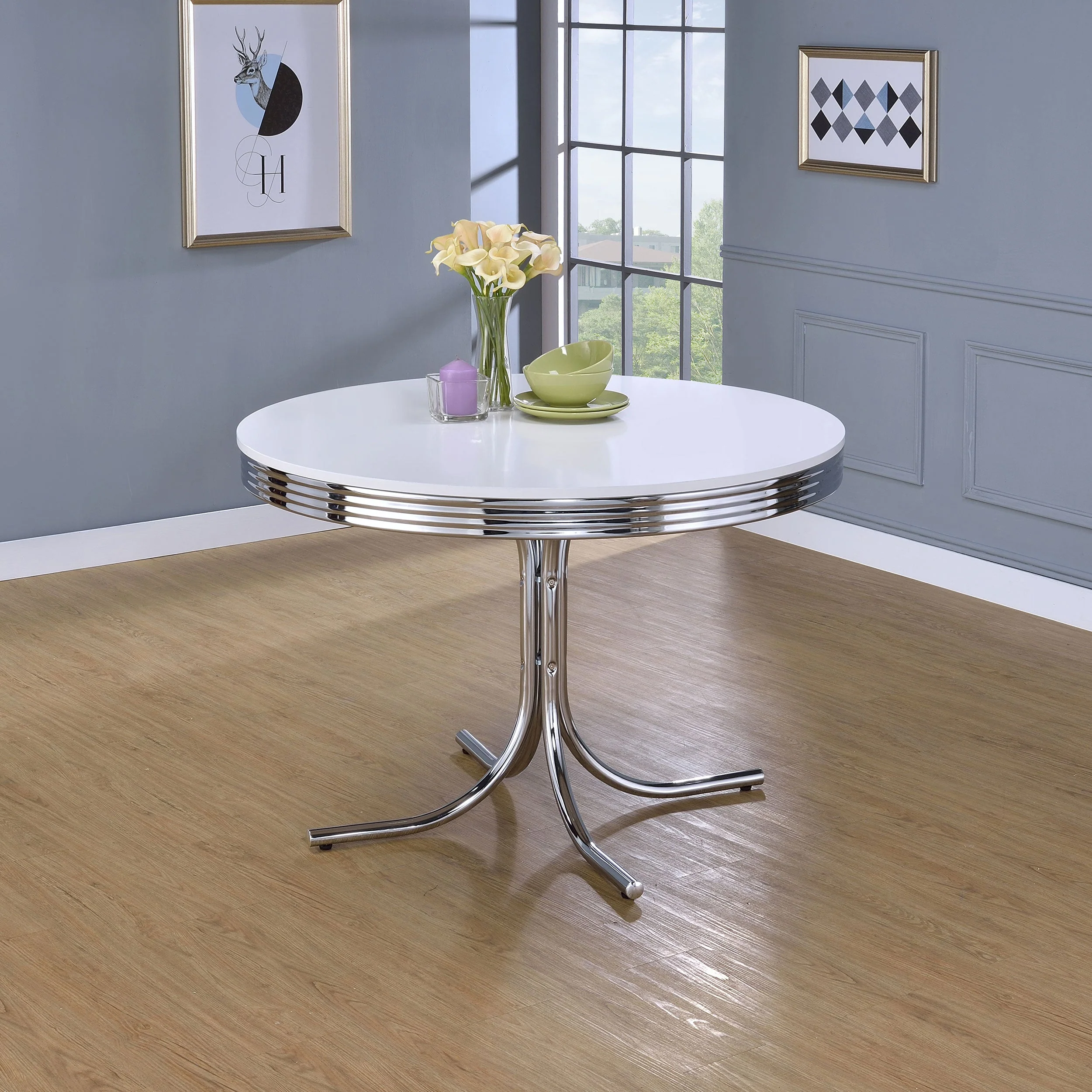 Retro Round 42-inch Wood Top Dining Table White and Chrome - Image 3