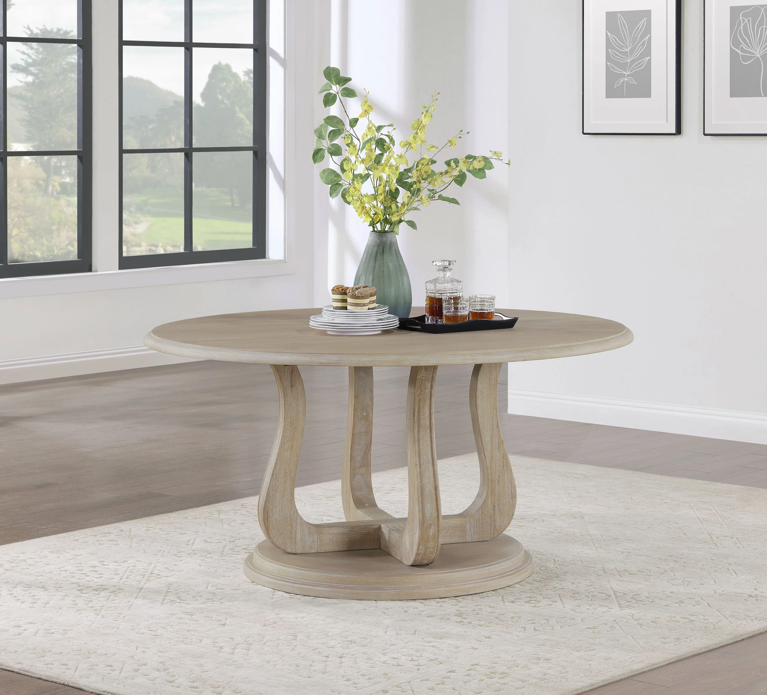 Trofello Round 60-inch Pedestal Dining Table White Washed - Image 3