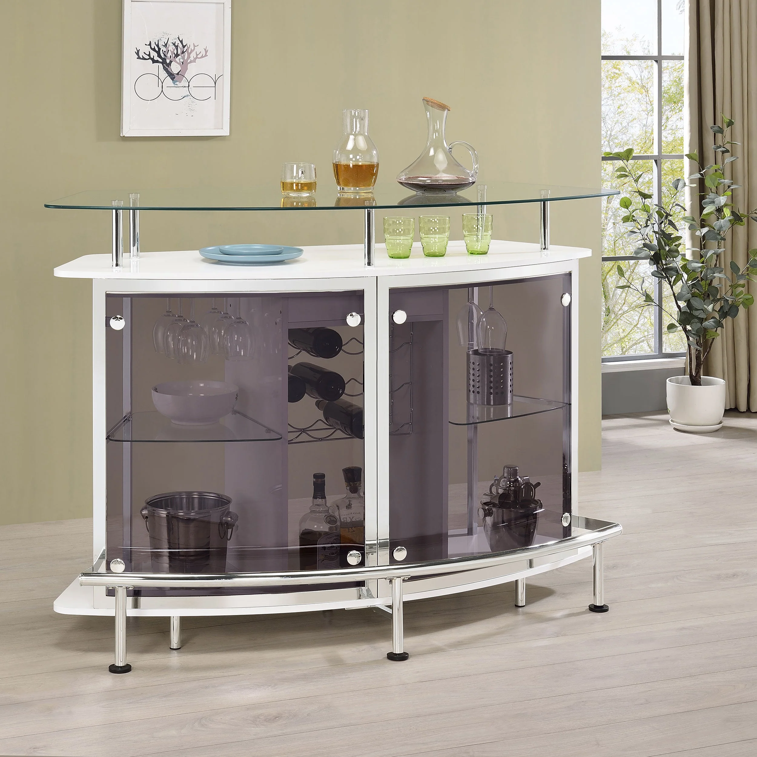 Gideon Curved Glass Top Home Bar Cabinet White High Gloss - Image 3