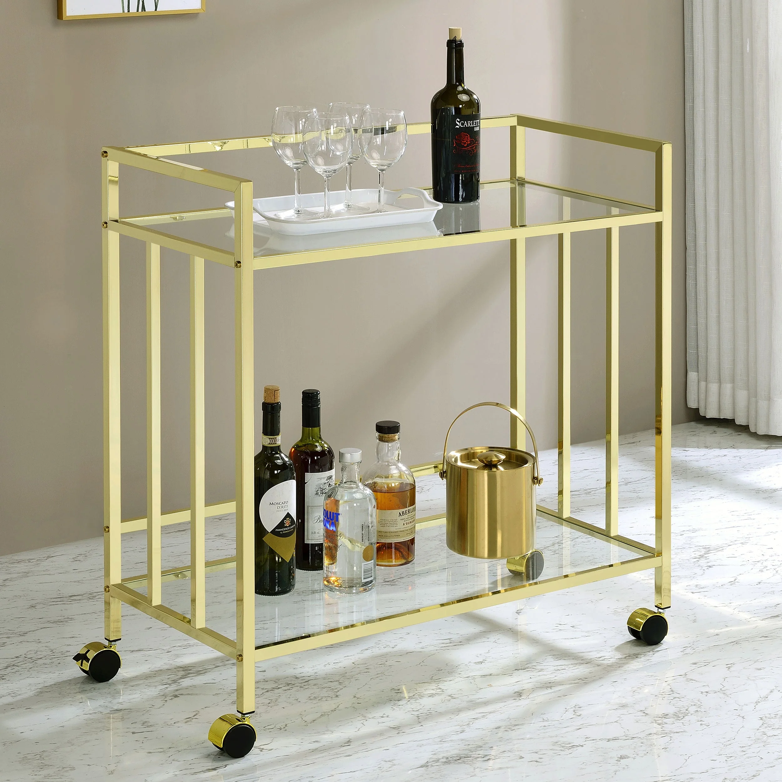 Cara 2-tier Rectangular Glass Shelf Metal Bar Cart Brass - Image 5