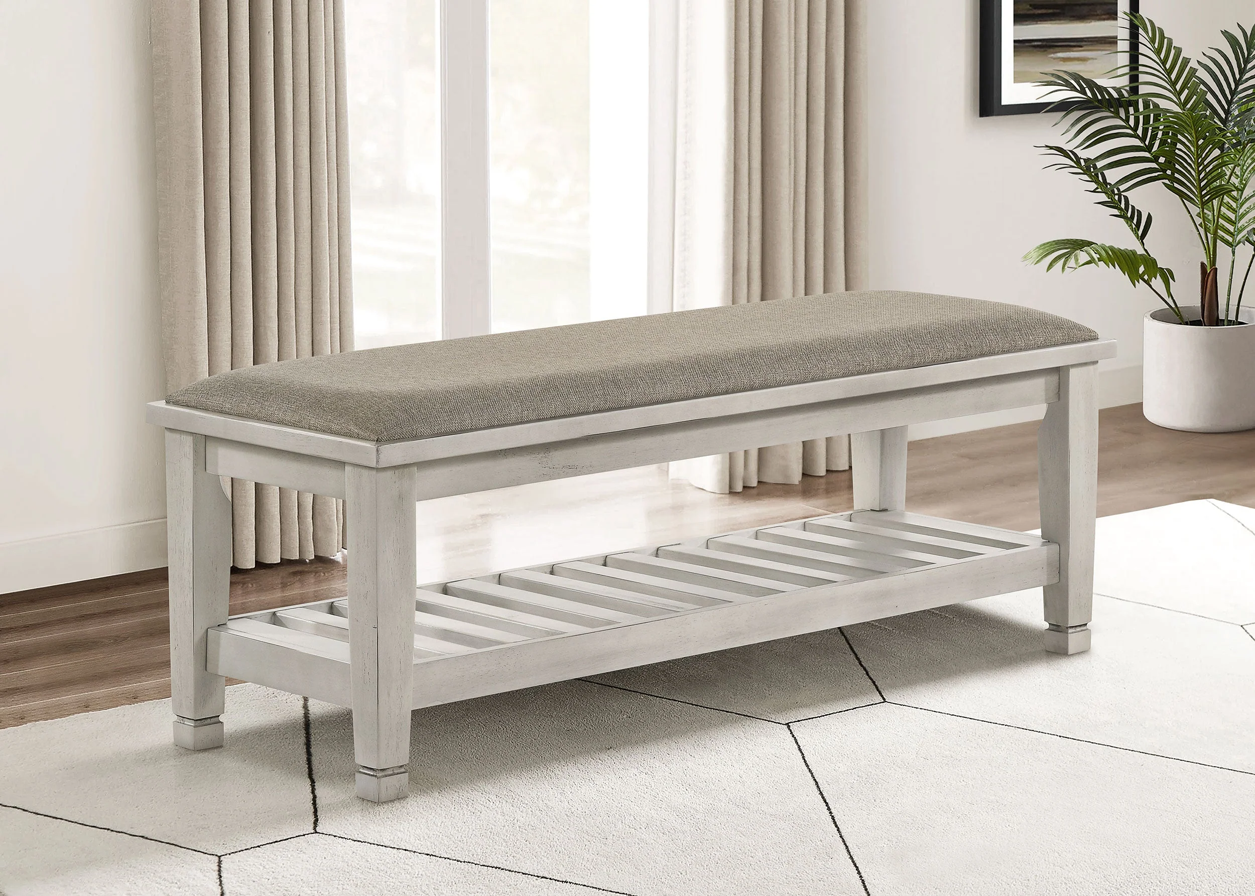 Franco Fabric Upholstered Bench with Shelf Distressed White - Image 3